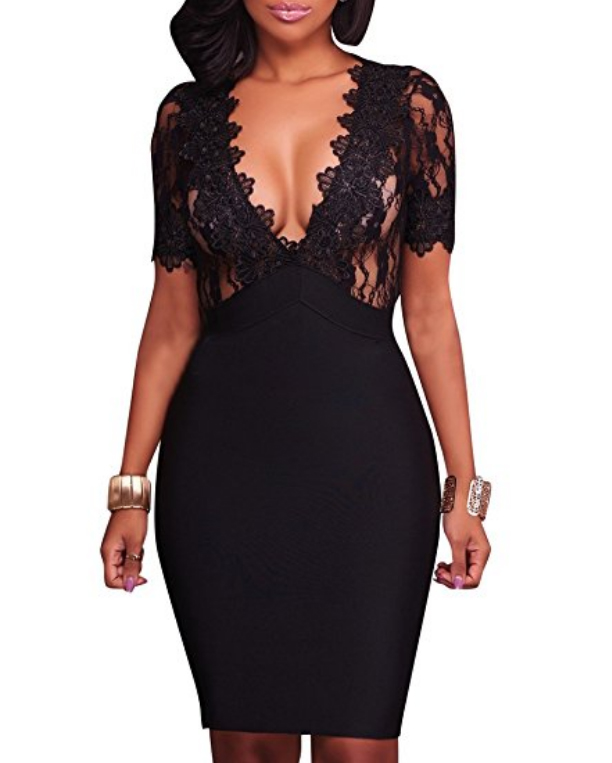 Black Lace Deep V Dress