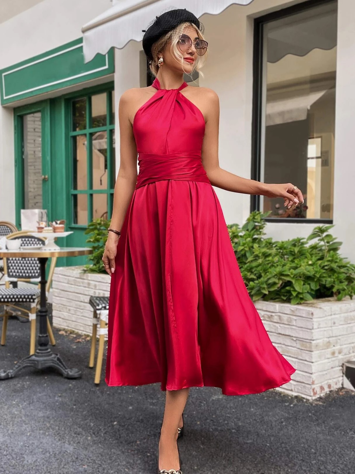 Red Halter Midi Dress