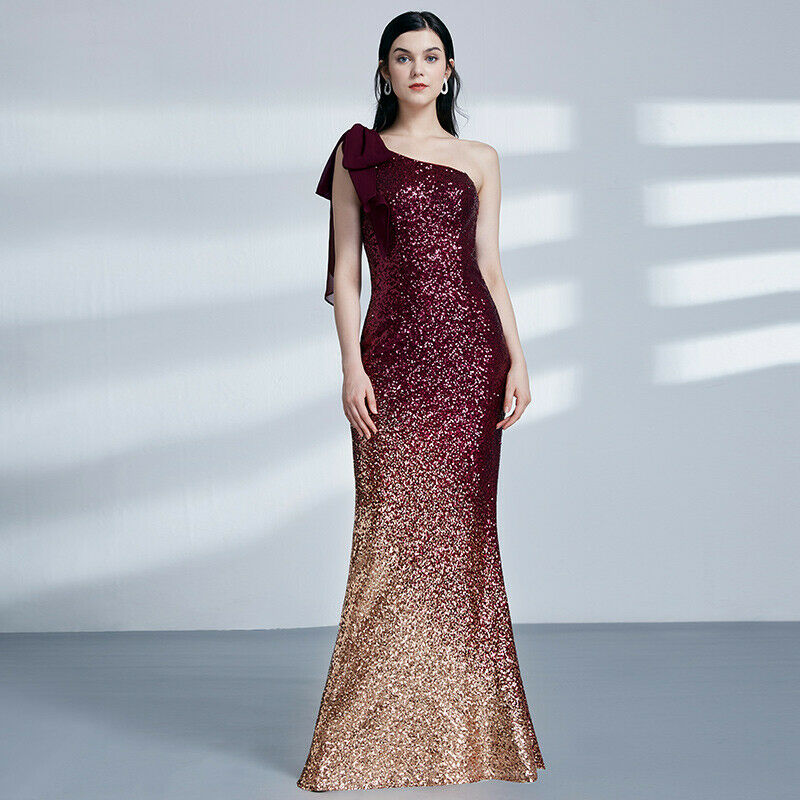 Ombre Glitter One-Shoulder Evening Gown