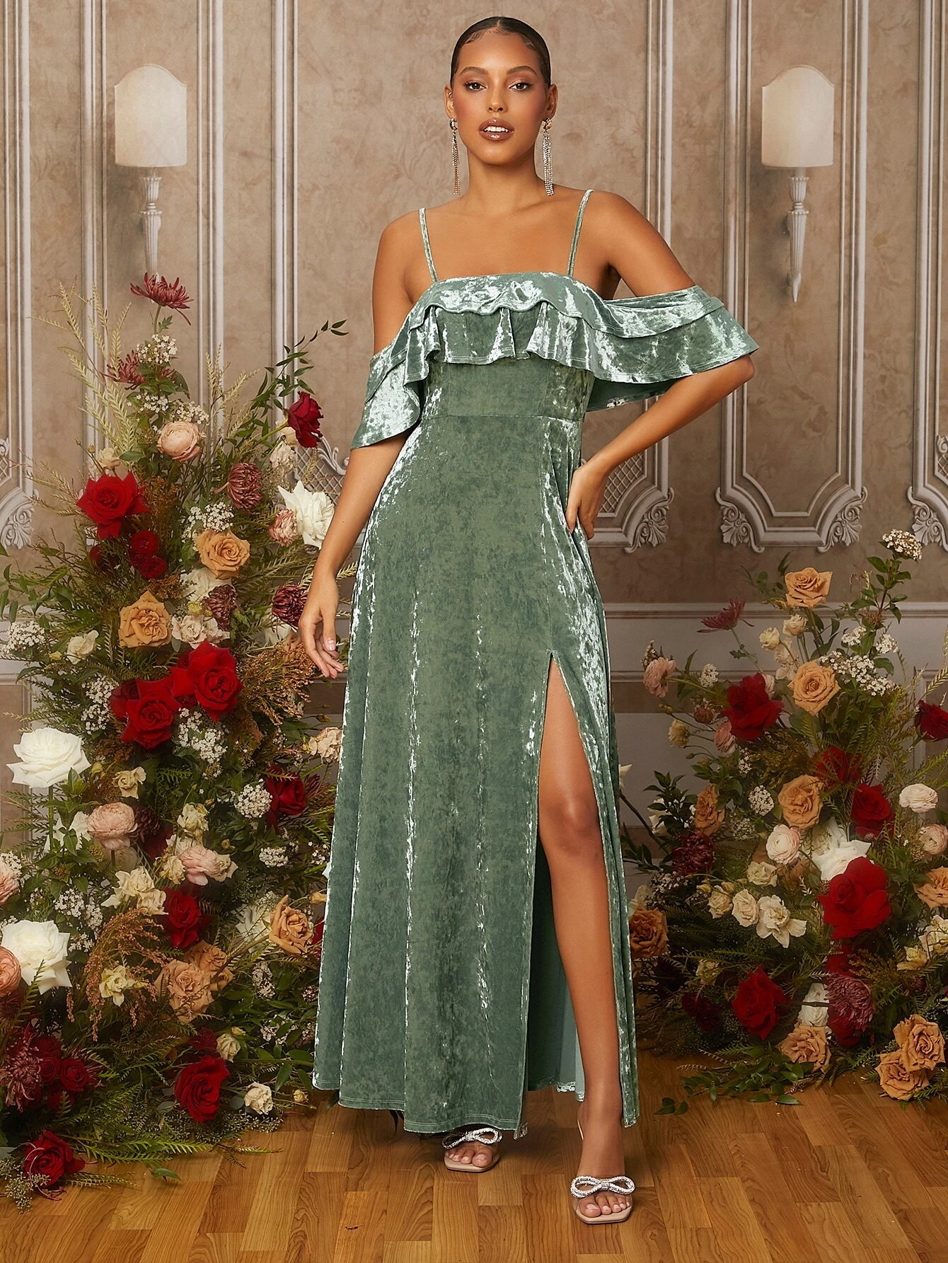 Velvet Ruffle Evening Gown