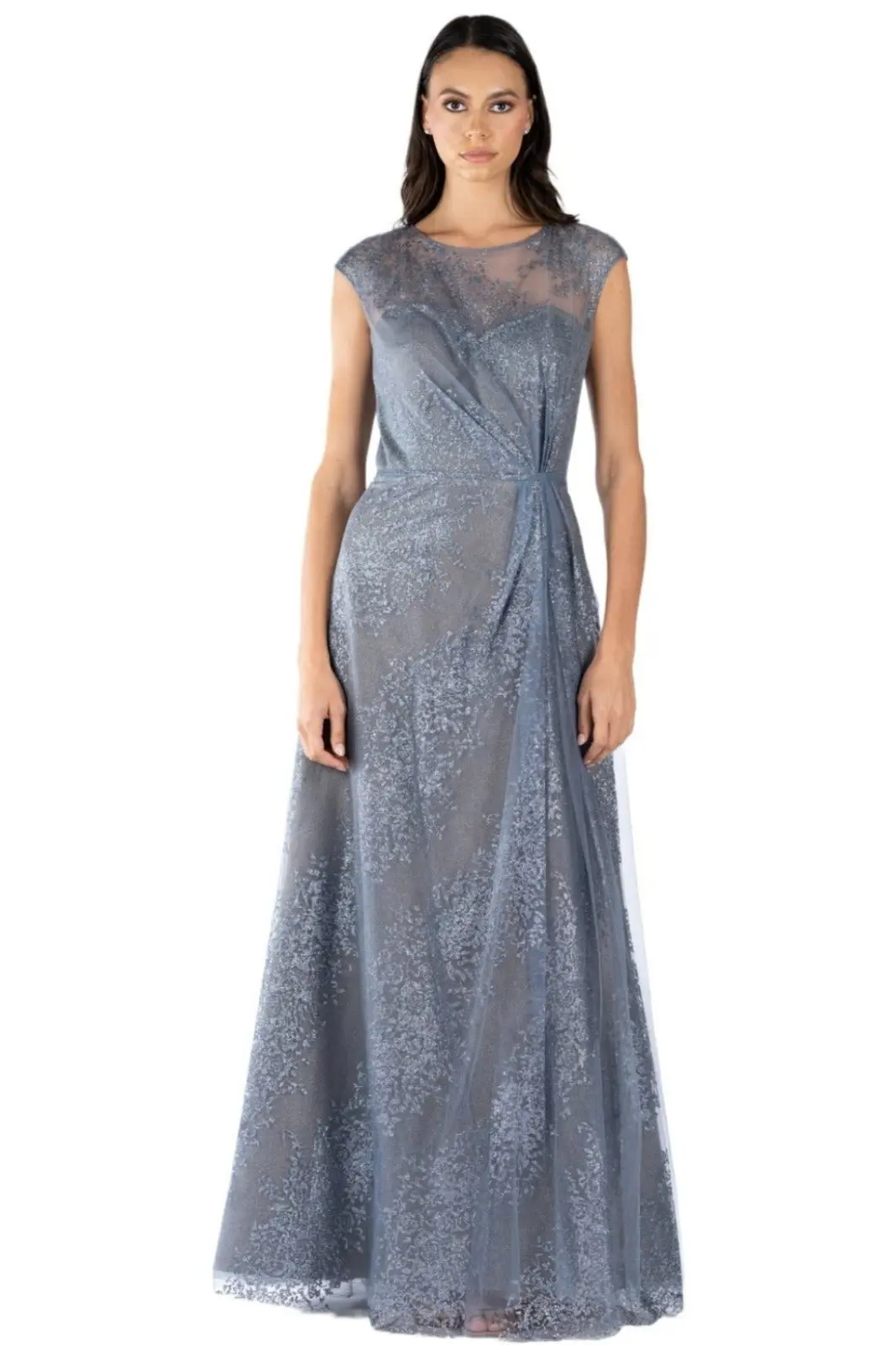Grey Blue Lace Glitter Evening Gown