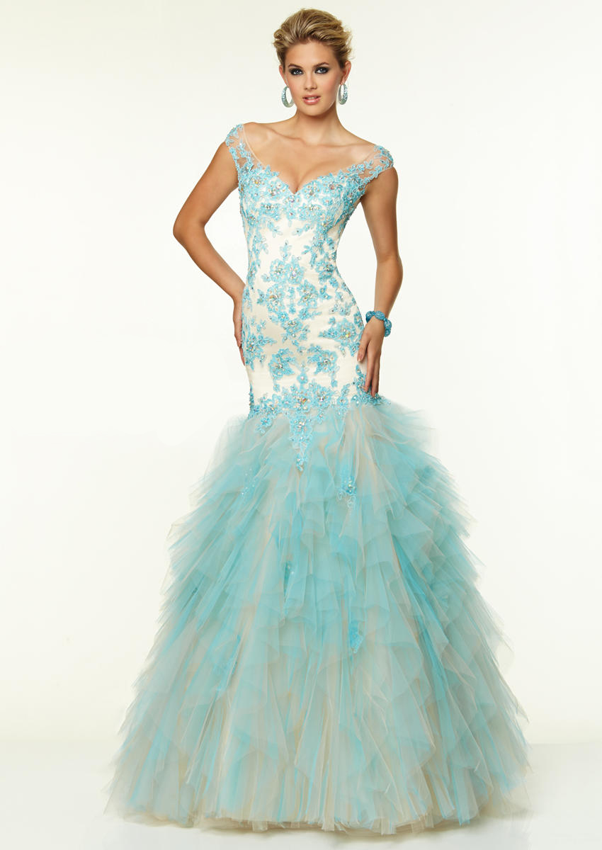 Blue White Floral Evening Gown