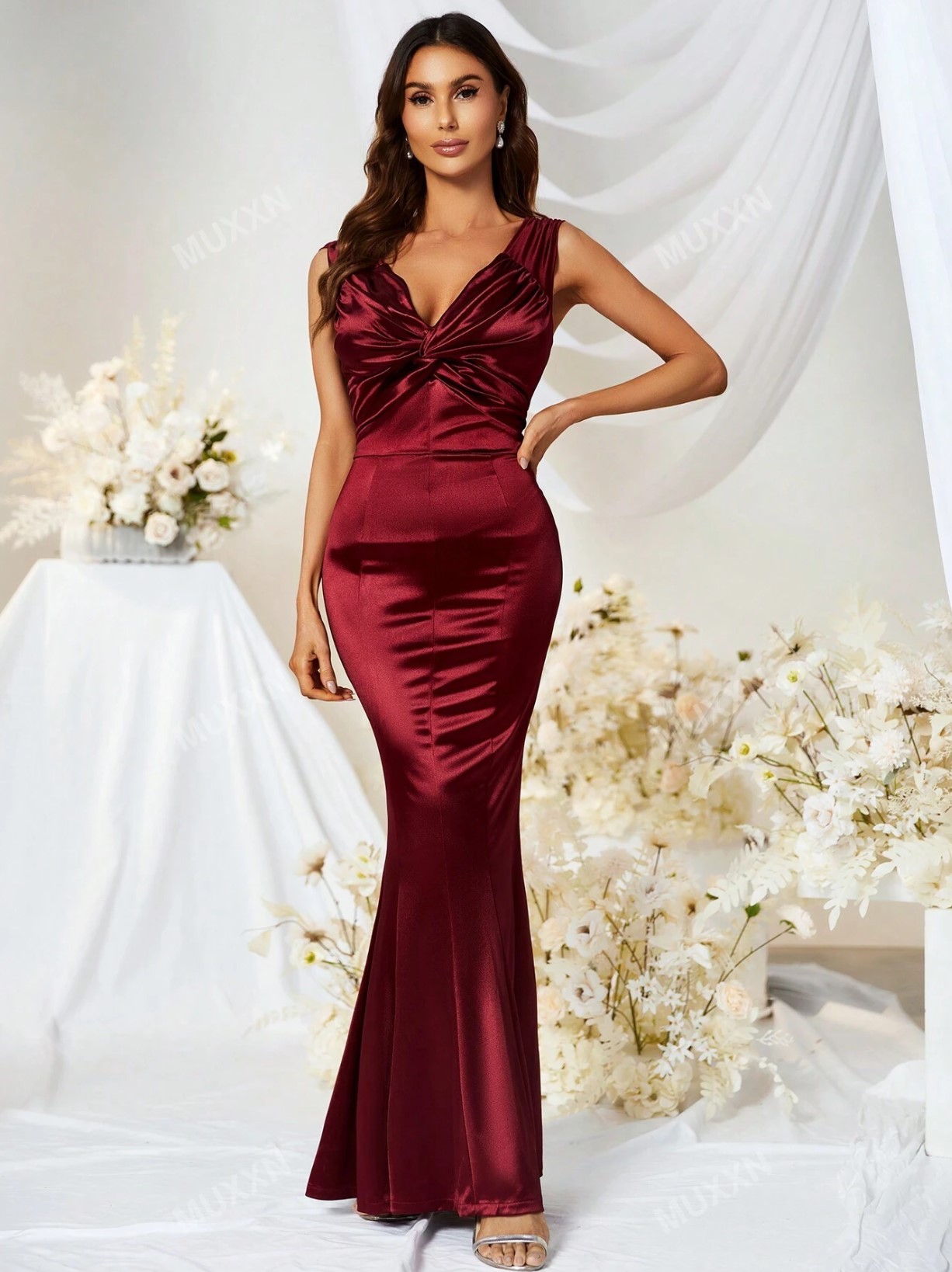 Burgundy Satin Evening Gown
