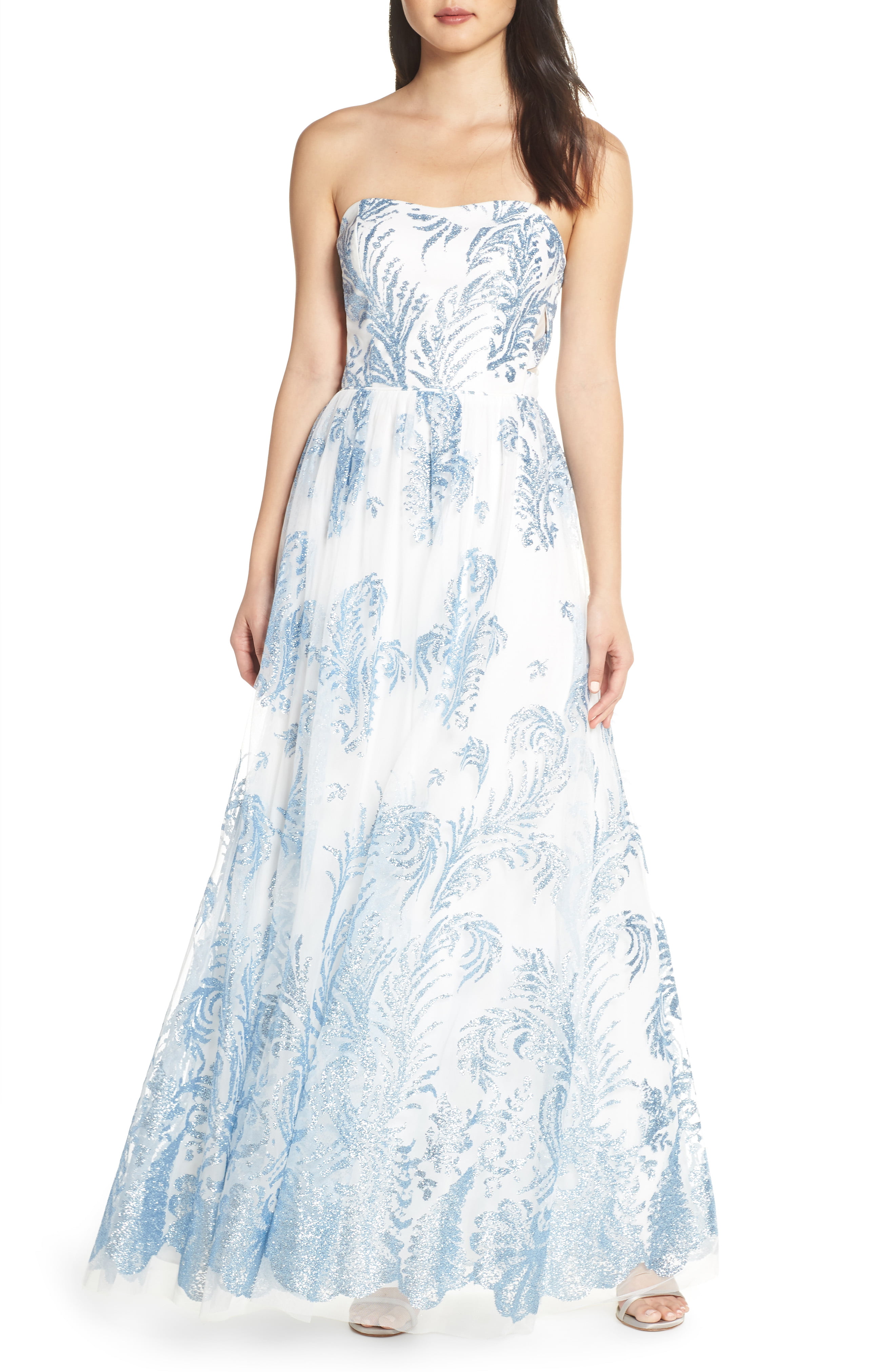 Strapless Blue Floral Gown