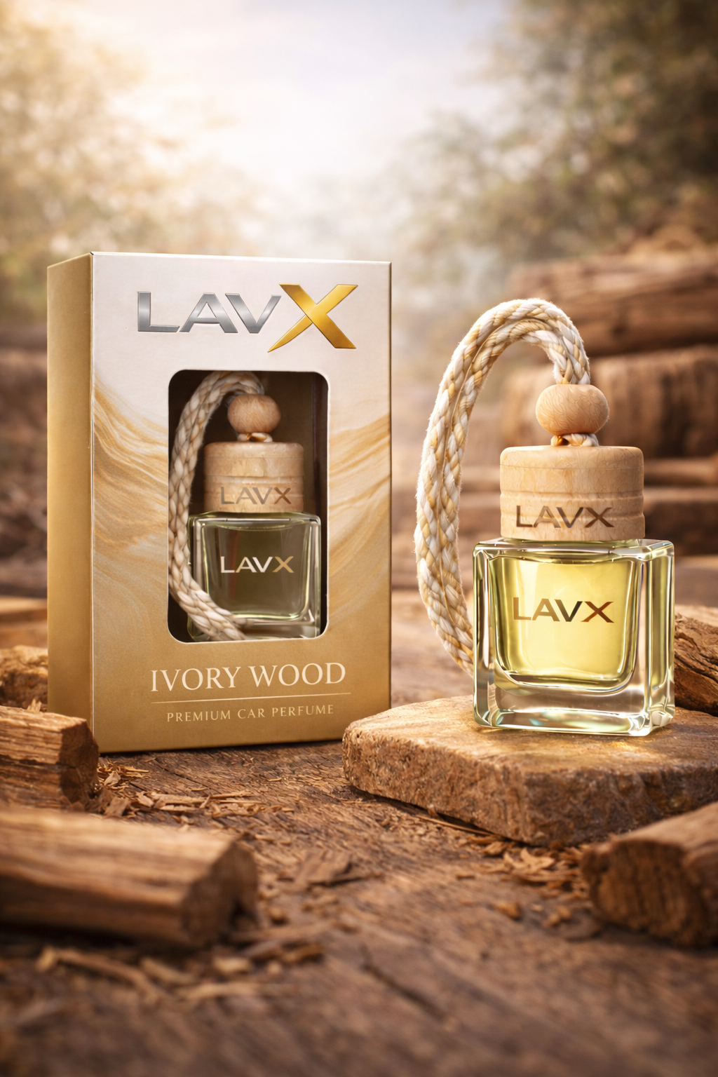 LAVX Ivory Wood Premium Car Air Freshener | Smooth Woody Fragrance | Long Lasting Hanging Bottle | 8ml