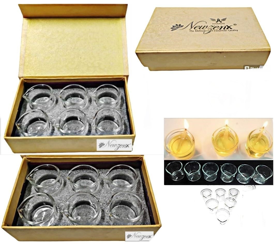Newzenx® Glass Special Borosilicate Diwali Diya Temperature & Heat Resistance Diya 6 Pieces Combo Value Pack with Gift Box