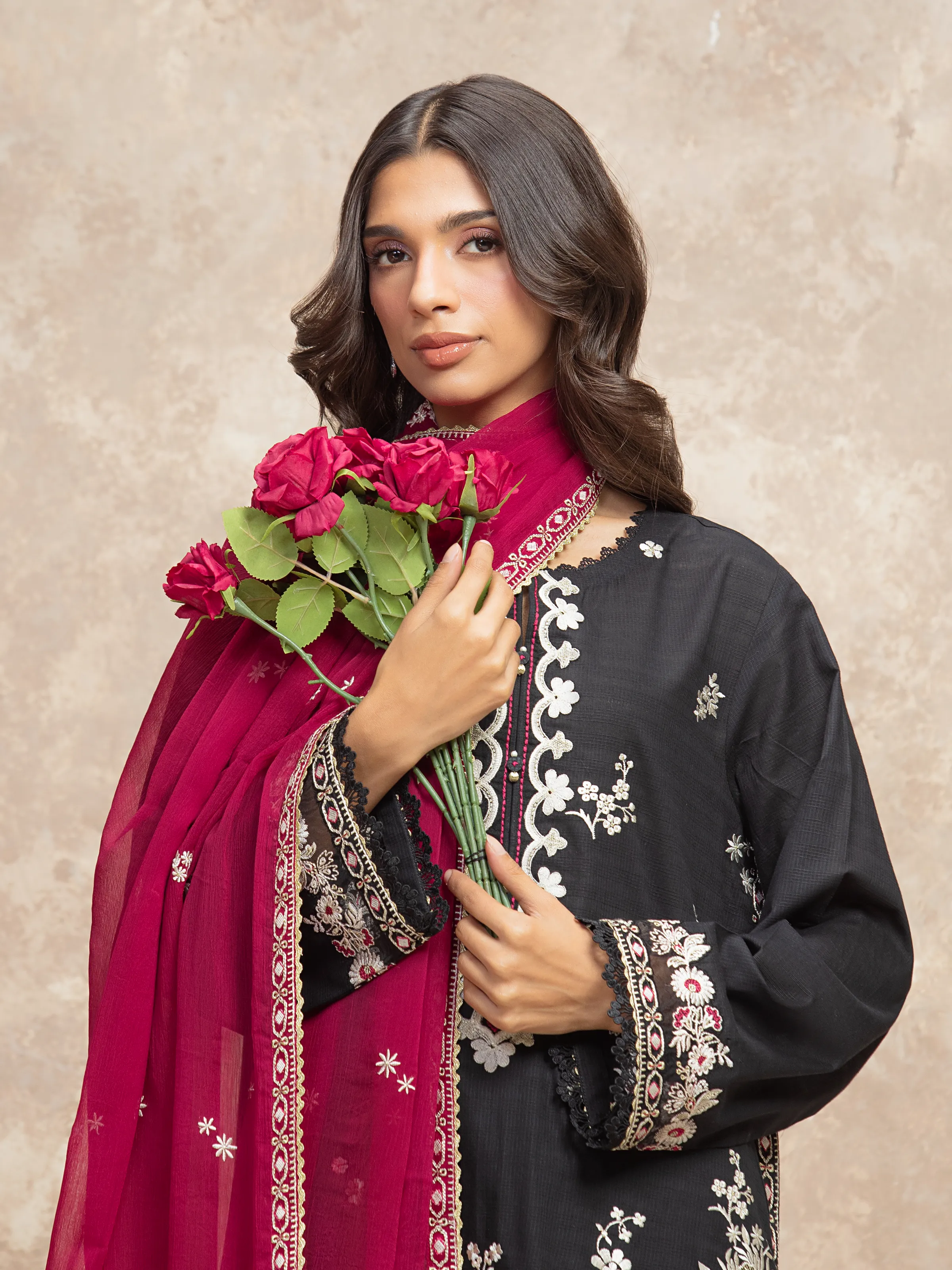 Aizah Black Slub Lawn Embroidered 3-Piece (Festive Edit)