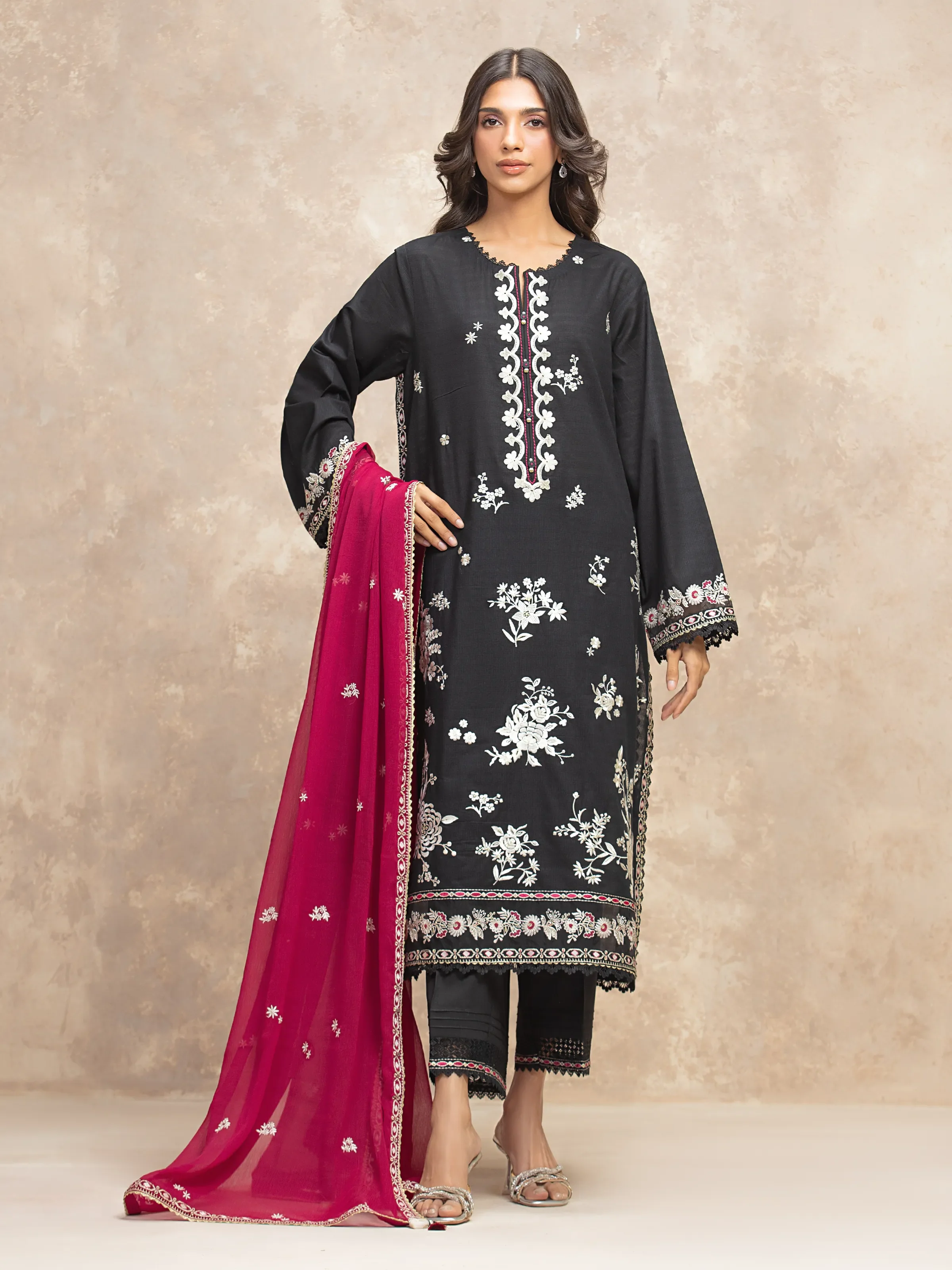 Aizah Black Slub Lawn Embroidered 3-Piece (Festive Edit)