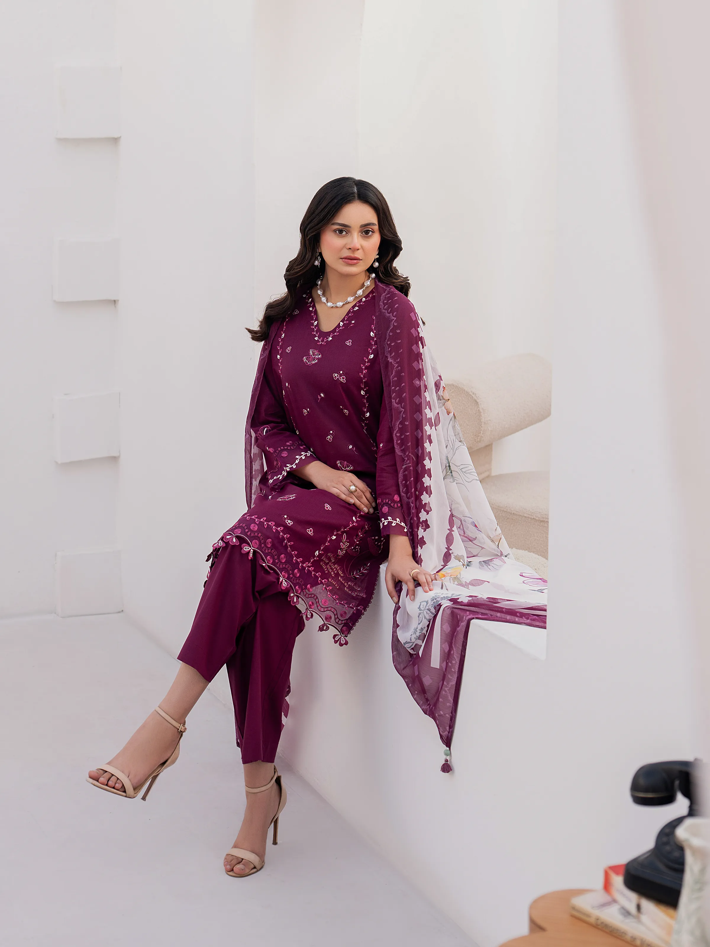 Aizah Plum Pret 3-Piece – Embroidered Slub Lawn