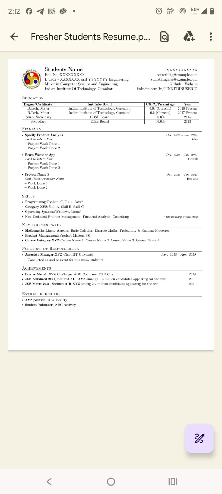 My Resume Fresher Student Template PDF