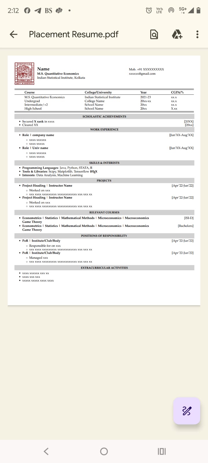 My Resume Professional Placement PDF