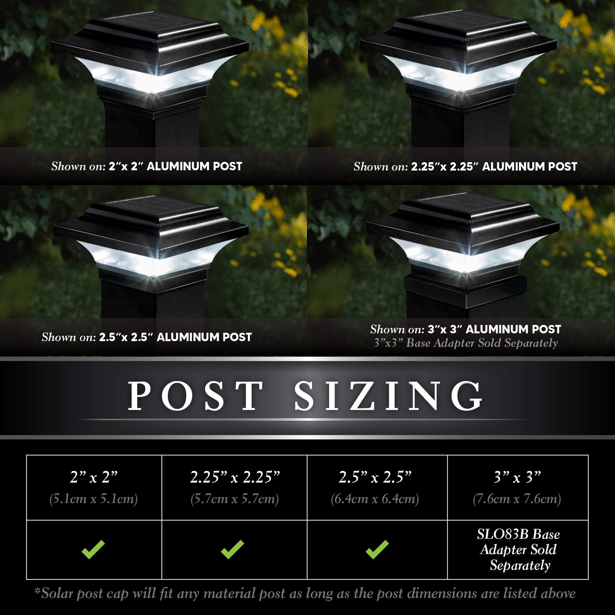 Outdoor Solar Post Cap Light - Black - sizes - 3"x3",2.5"x2.5", 2.25"x2.25" and 2"x2".