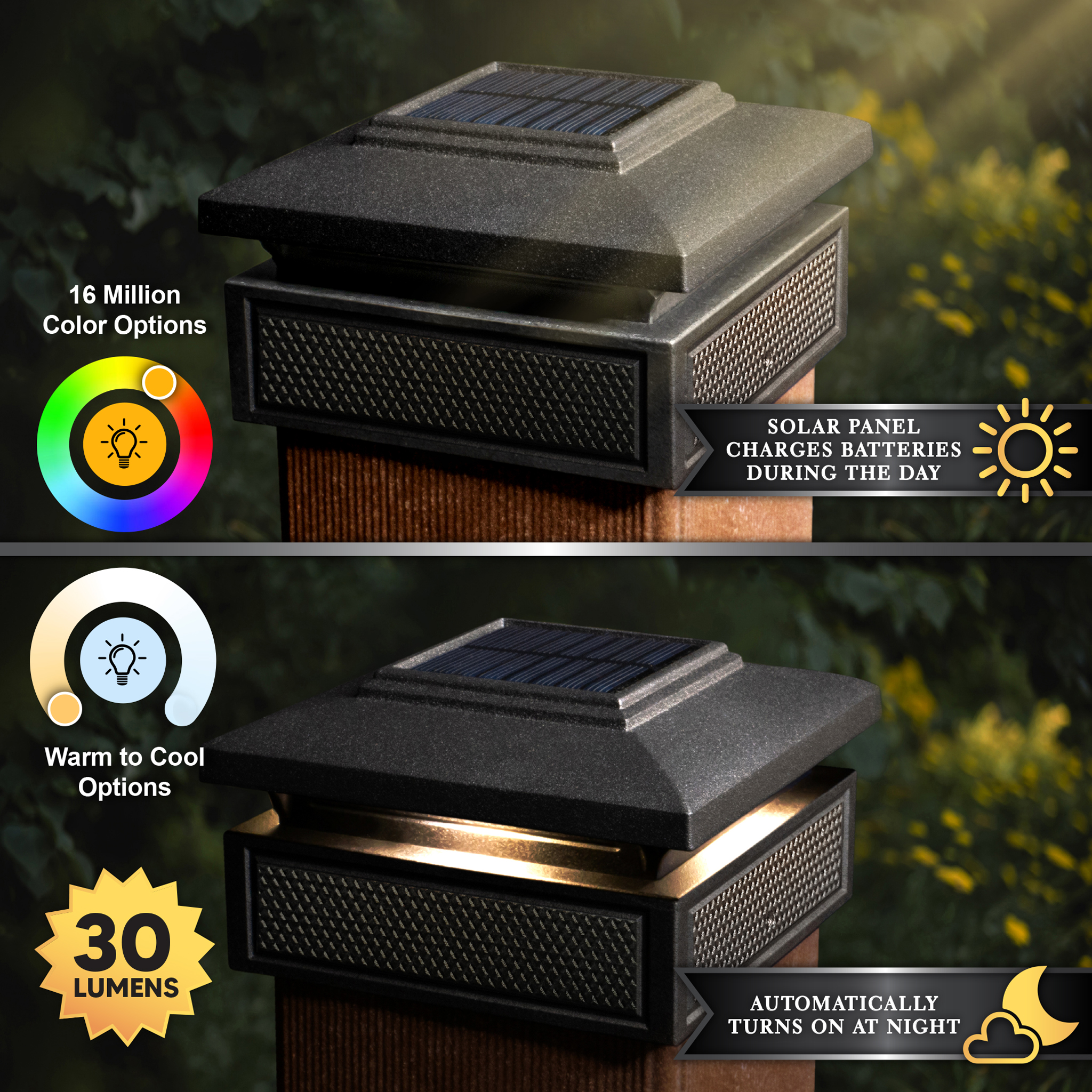 Smart Solar Post Cap - Black -fit three post sizes  3.5"x3.5",4"x4",4.25"x4.25"