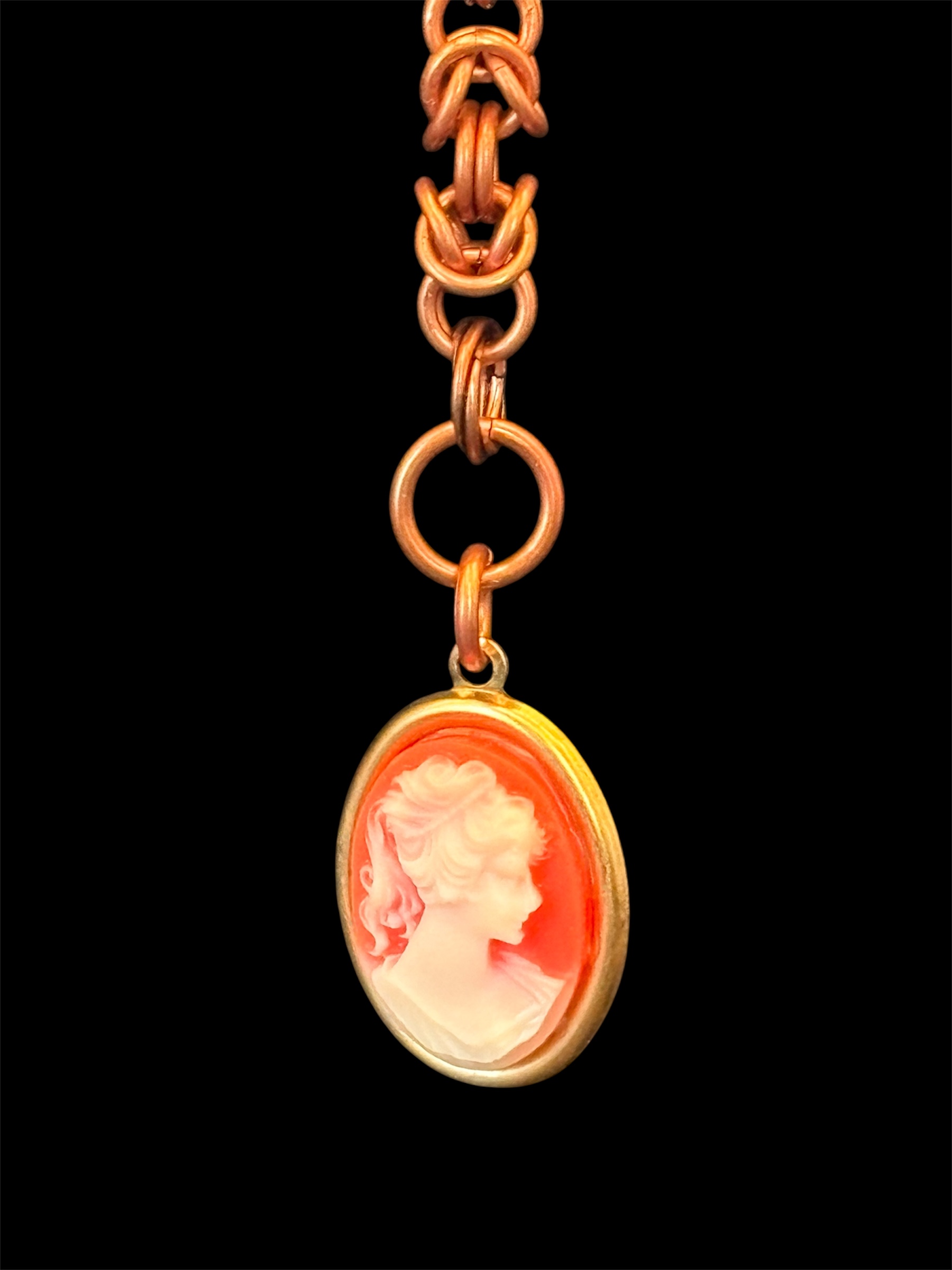 Asymmetrical Copper Chainmaille Cameo & Pearl Earrings