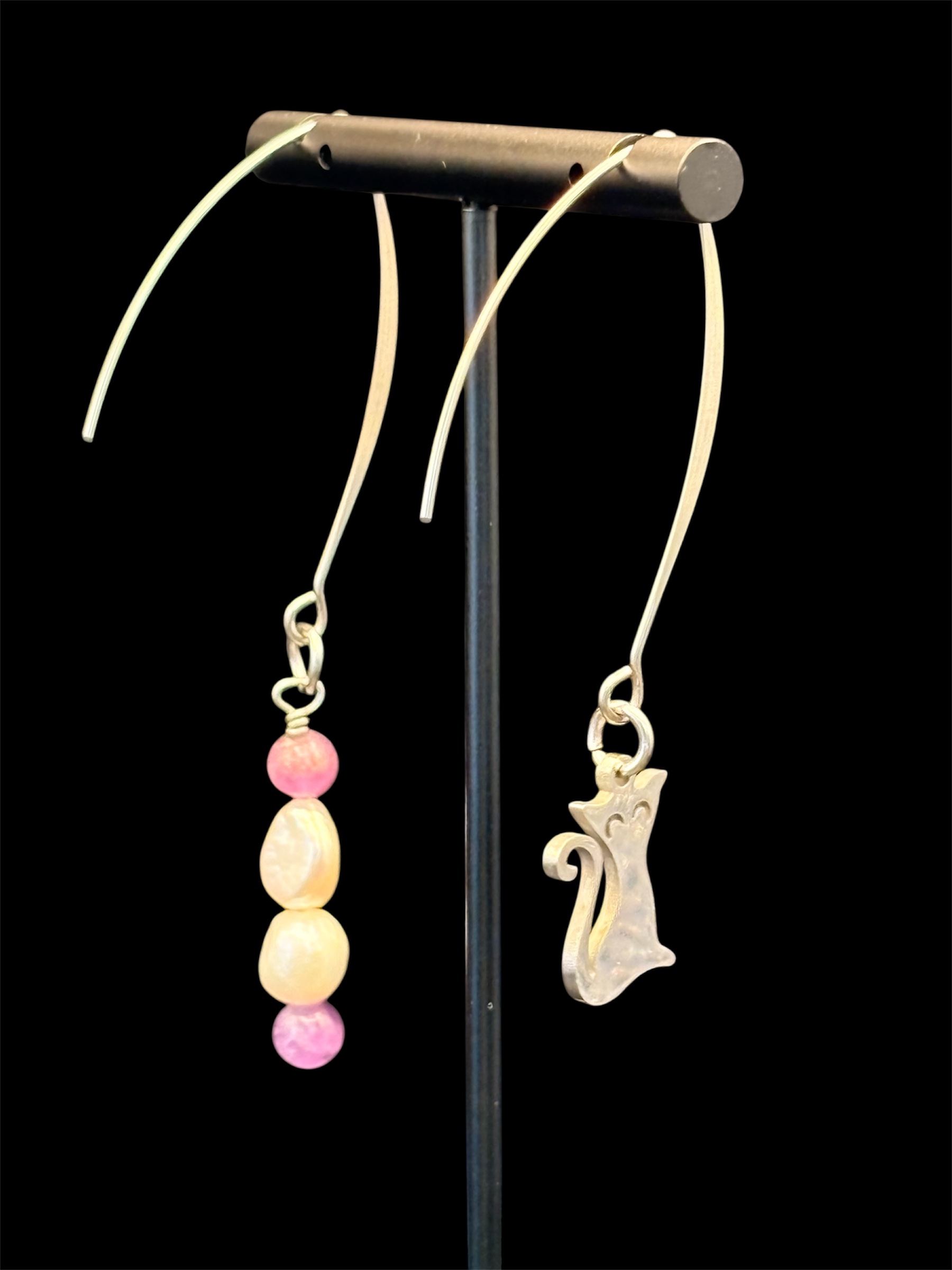 Asymmetrical Cat & Pearl Earrings