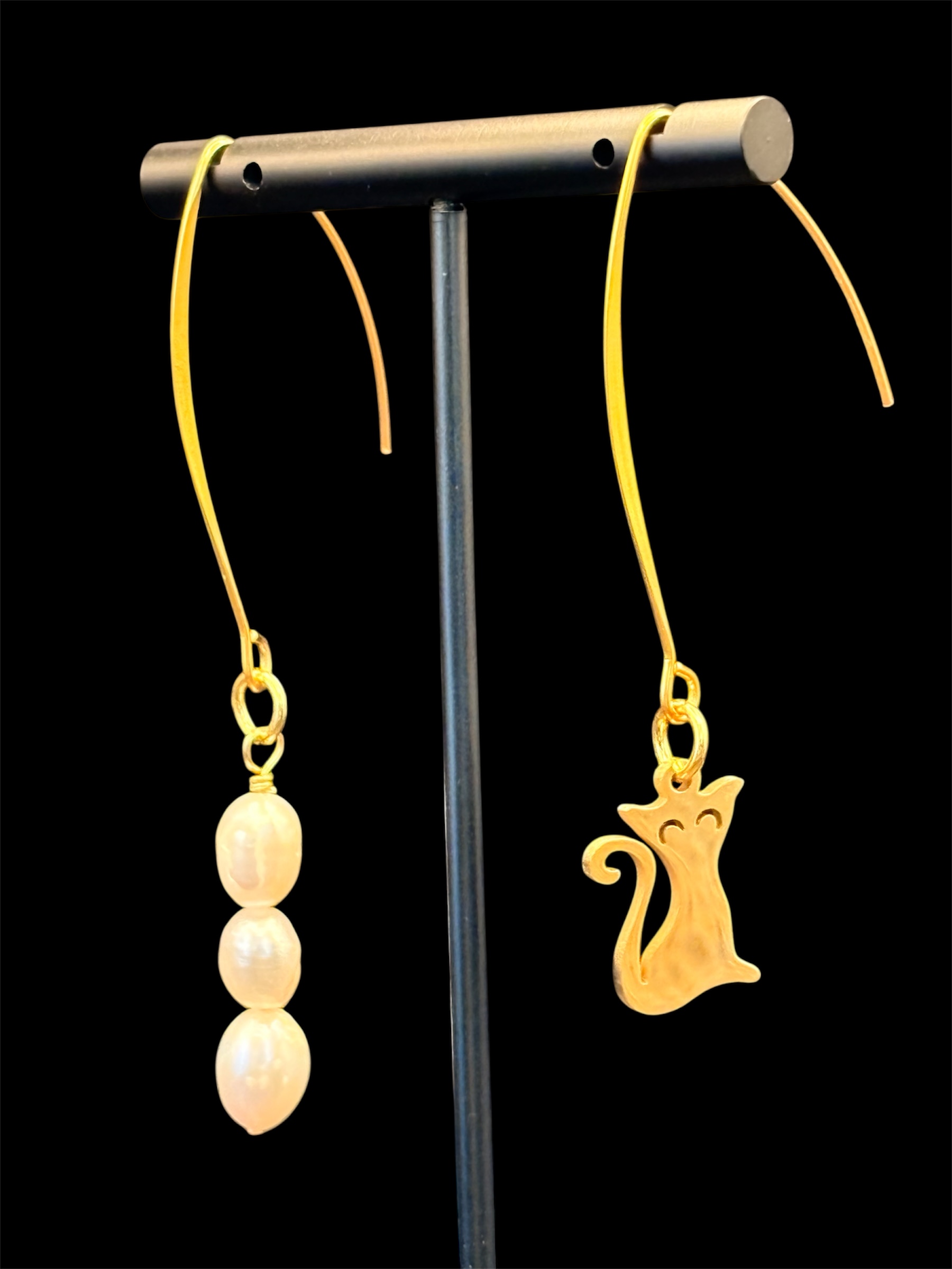 Asymmetrical Cat & Pearl Earrings
