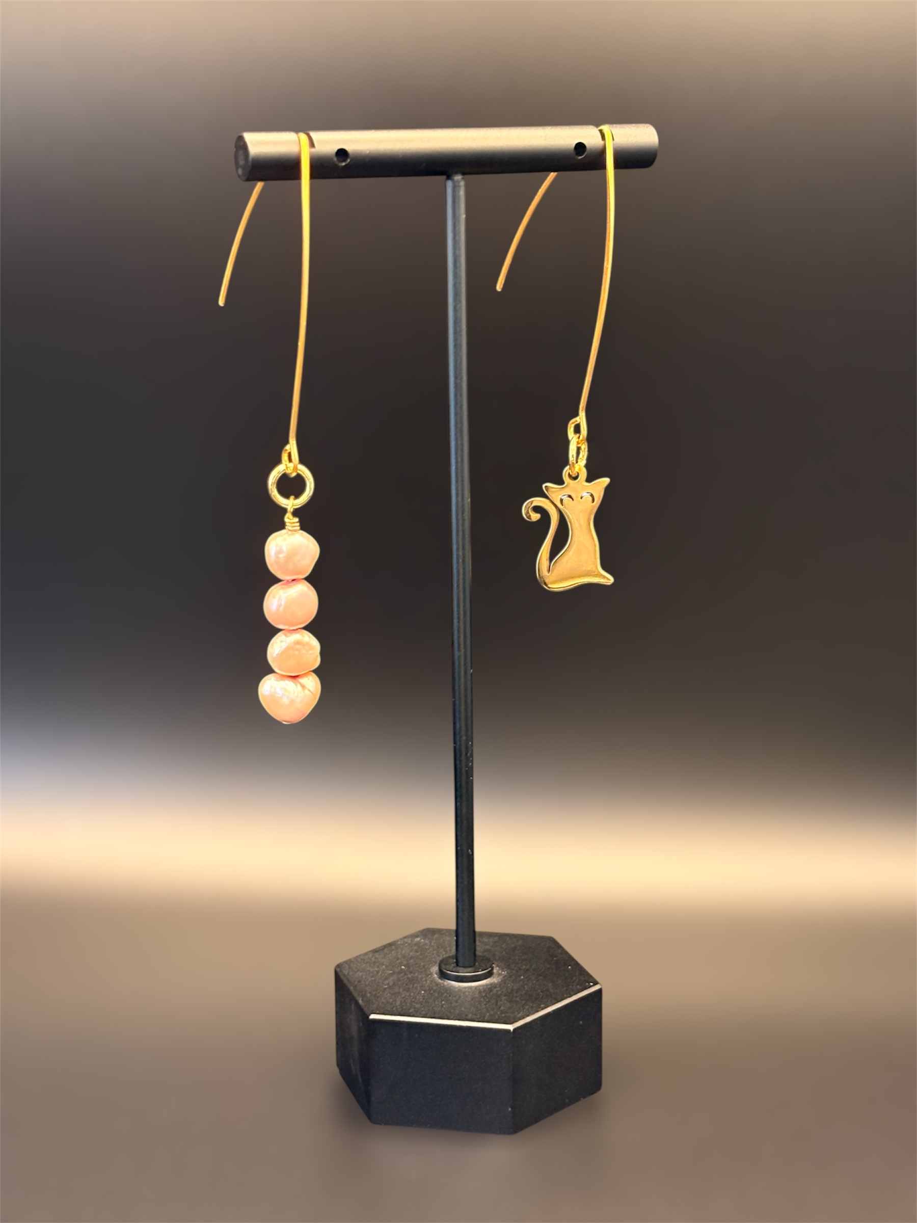 Asymmetrical Cat & Pearl Earrings