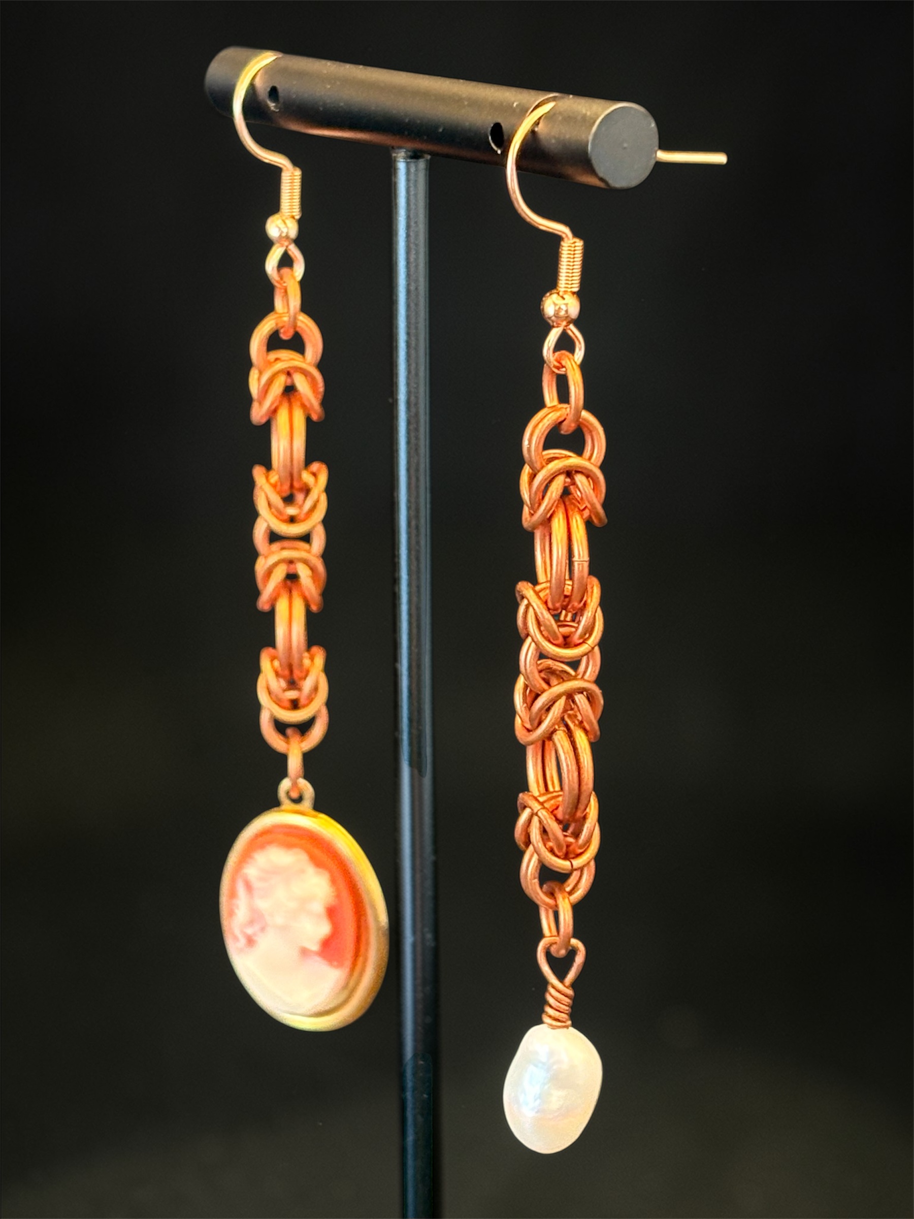 Asymmetrical Copper Chainmaille Vintage Cameo & Pearl Earrings