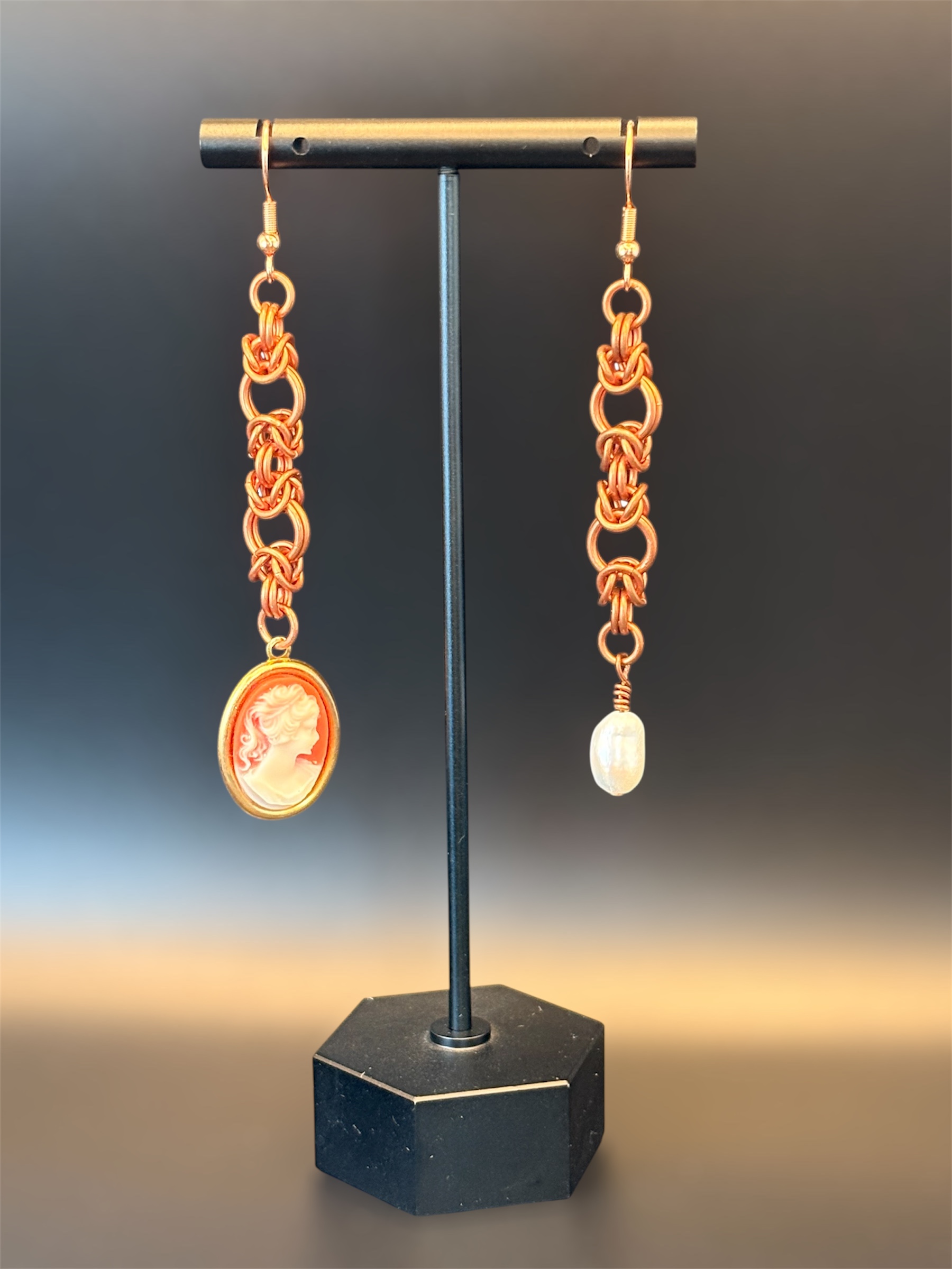 Asymmetrical Copper Chainmaille Vintage Cameo & Pearl Earrings
