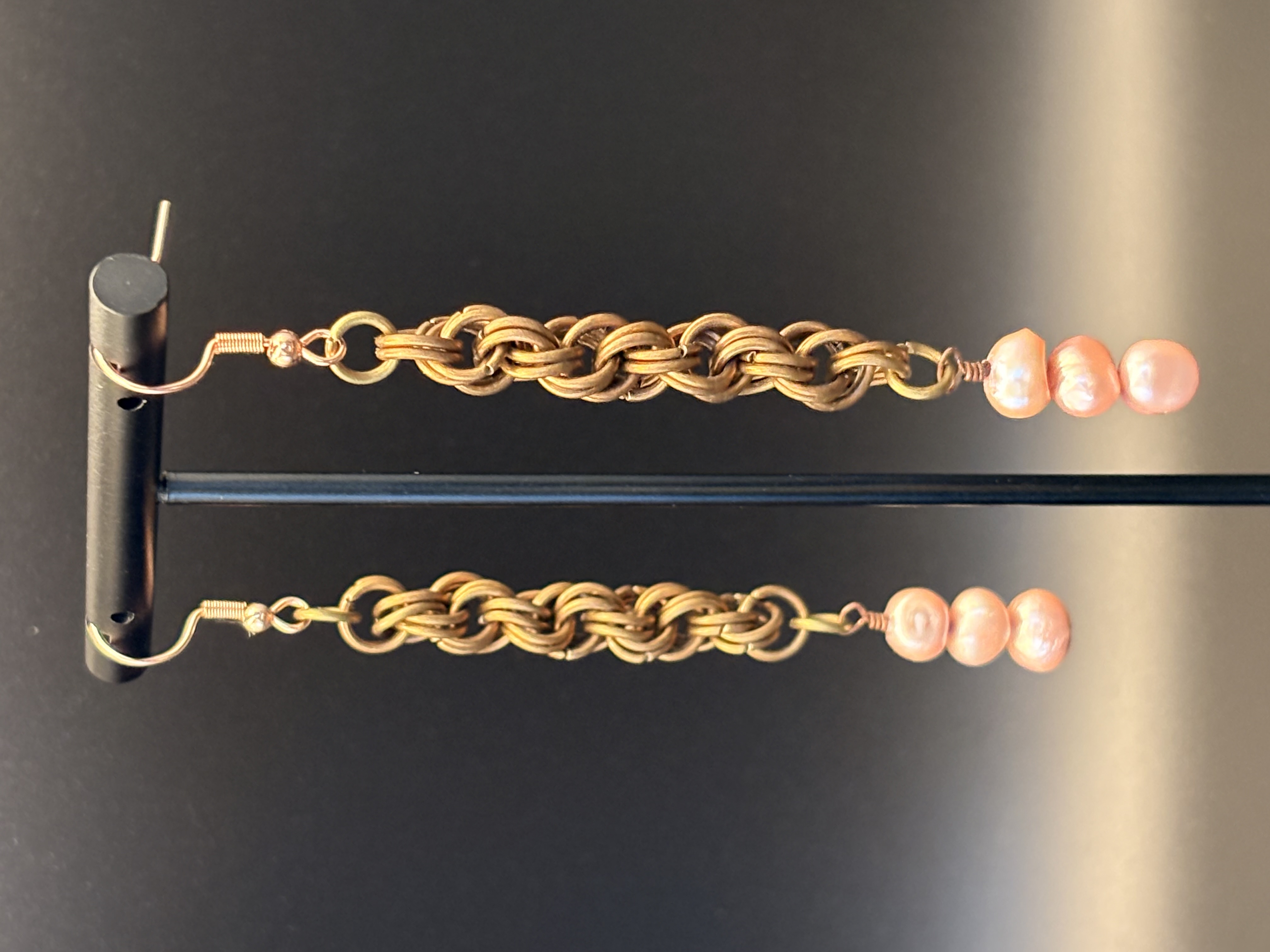 Brass Chainmaille and Pearl Drop Earrings