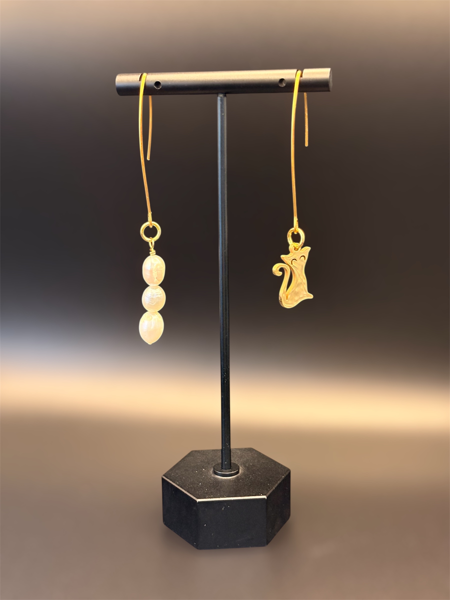 Asymmetrical Cat & Pearl Earrings