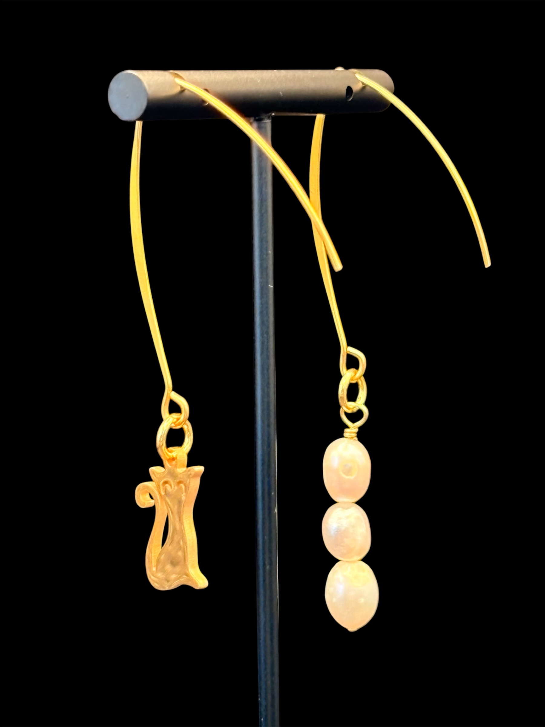 Asymmetrical Cat & Pearl Earrings