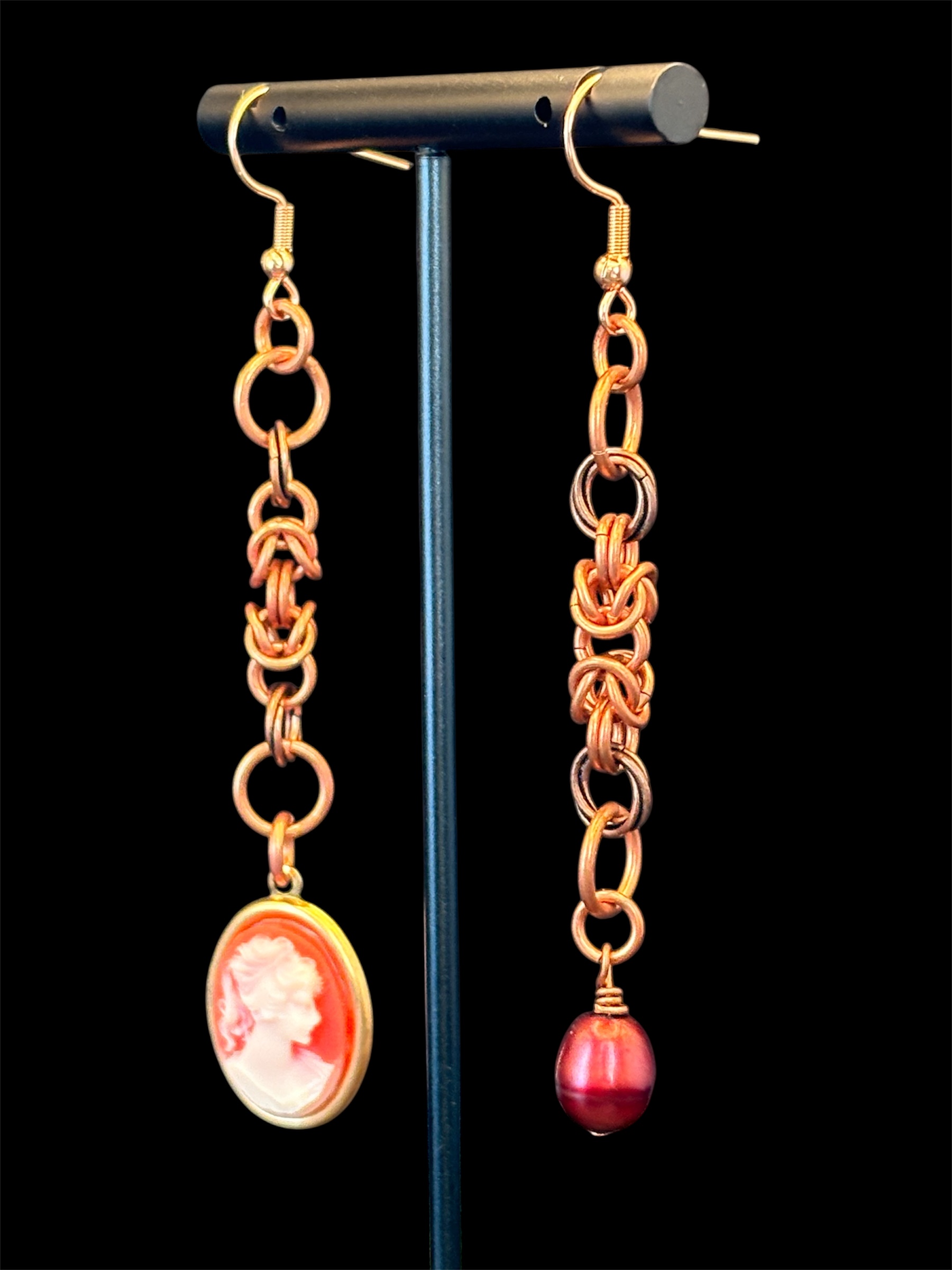 Asymmetrical Copper Chainmaille Cameo & Pearl Earrings