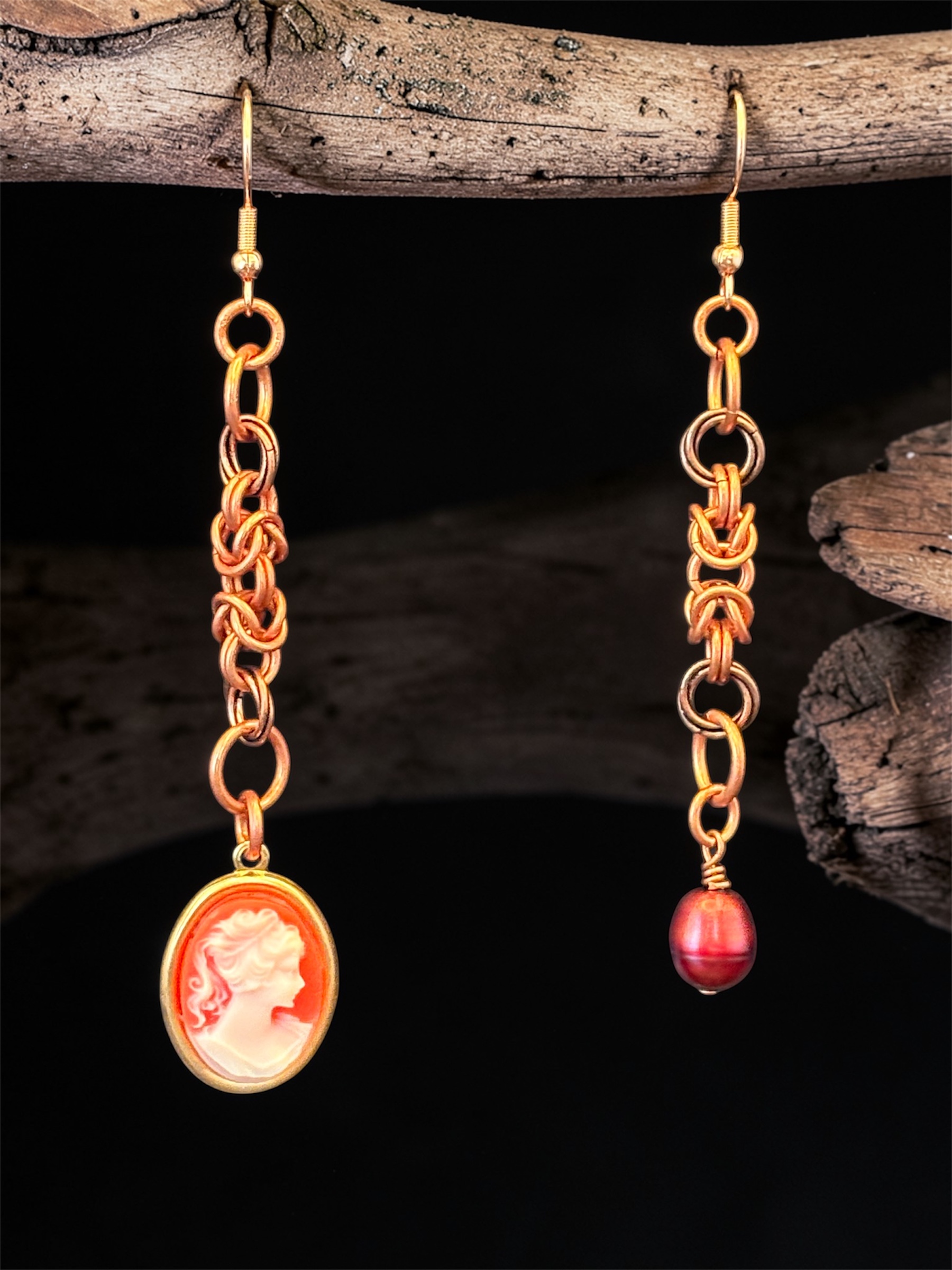 Asymmetrical Copper Chainmaille Cameo & Pearl Earrings