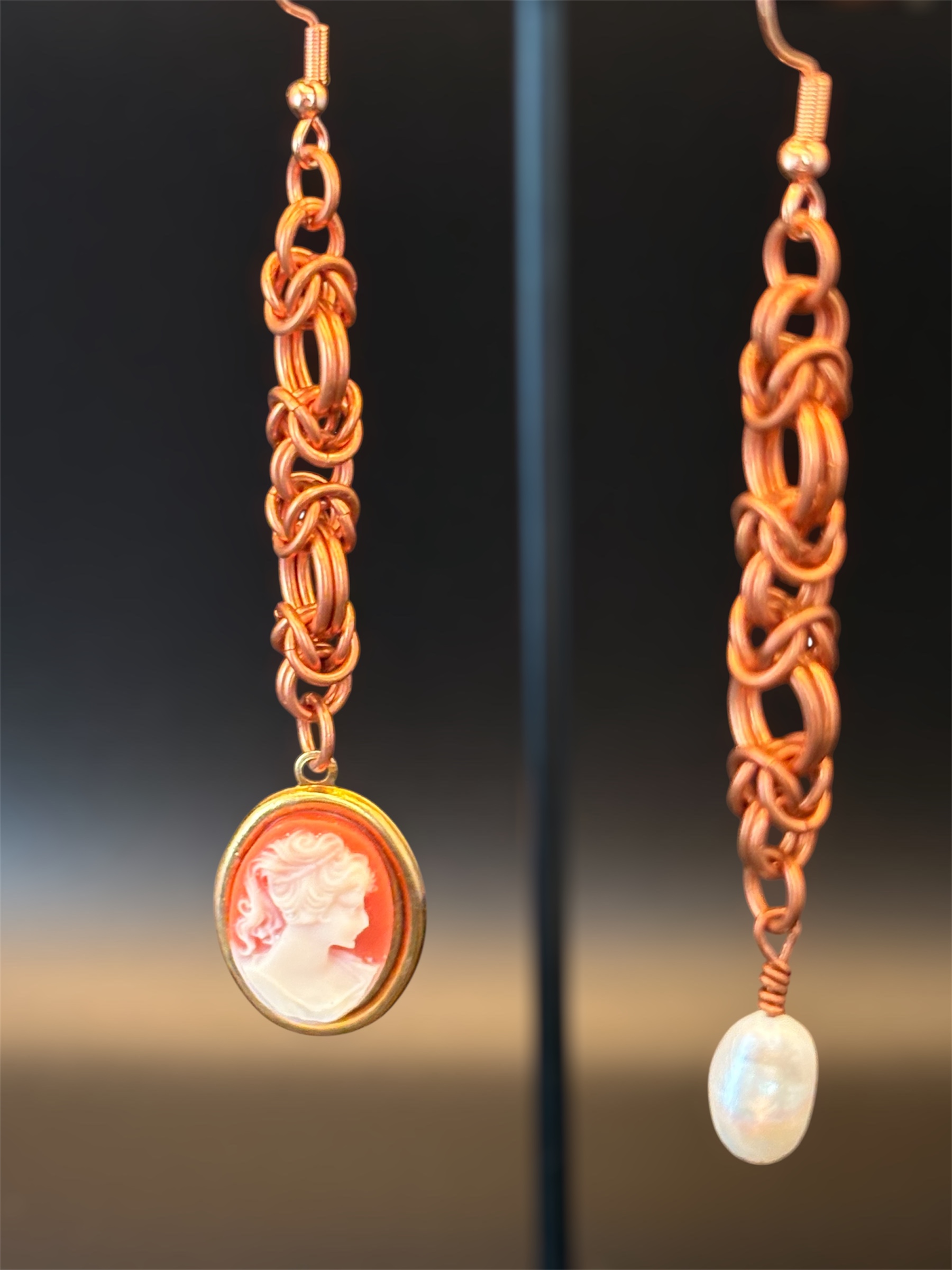Asymmetrical Copper Chainmaille Vintage Cameo & Pearl Earrings