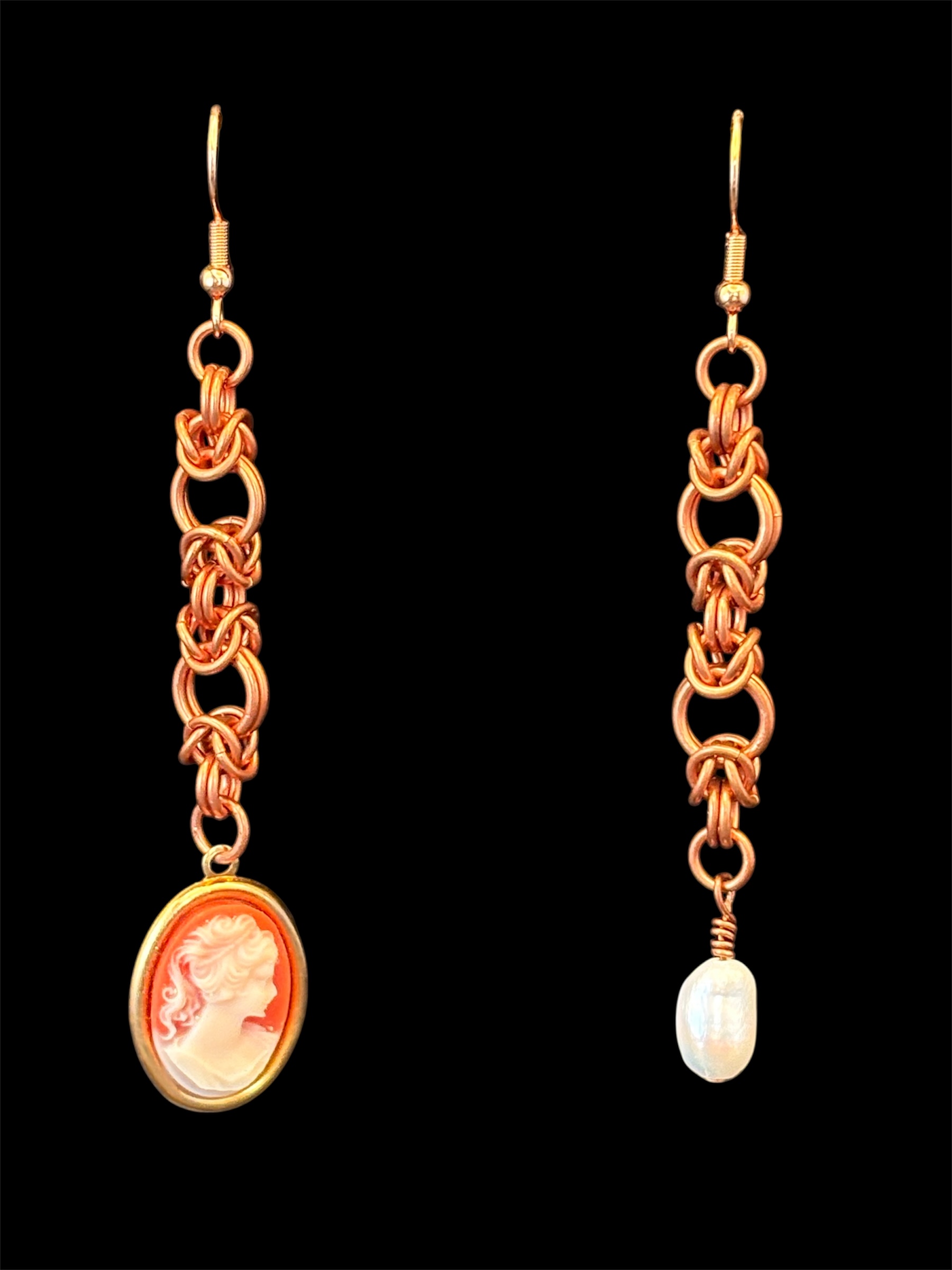 Asymmetrical Copper Chainmaille Vintage Cameo & Pearl Earrings