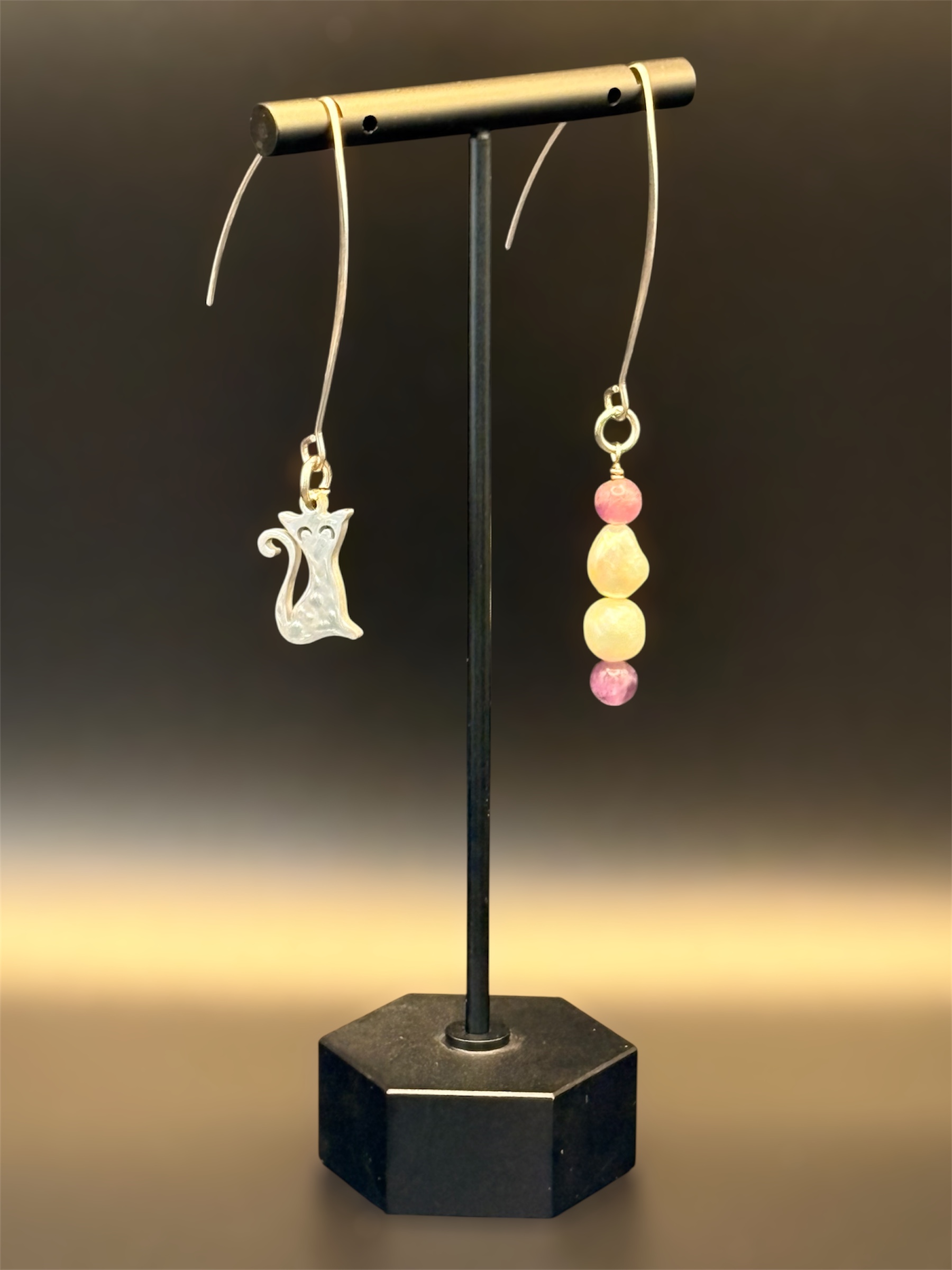 Asymmetrical Cat & Pearl Earrings