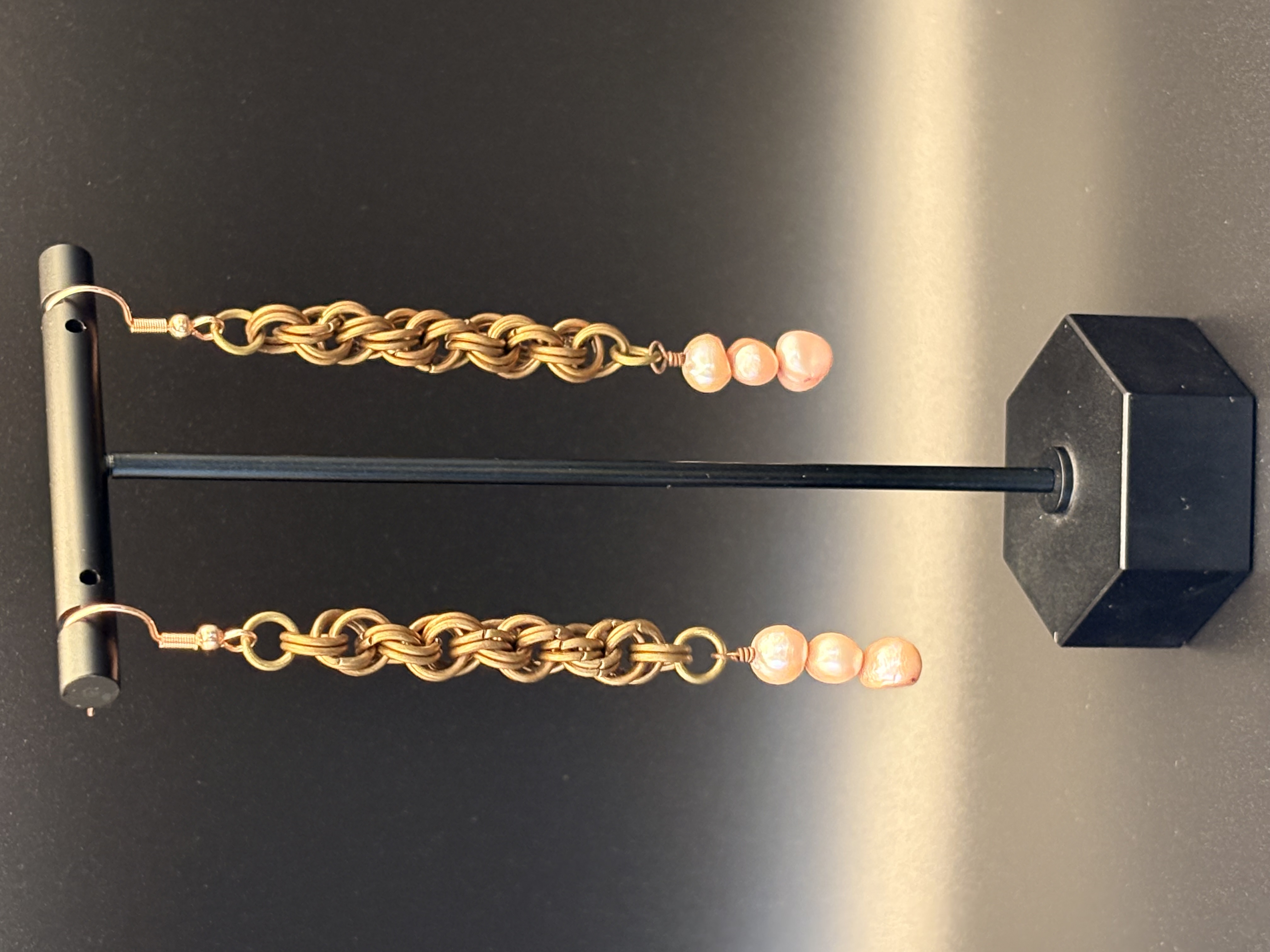 Brass Chainmaille and Pearl Drop Earrings