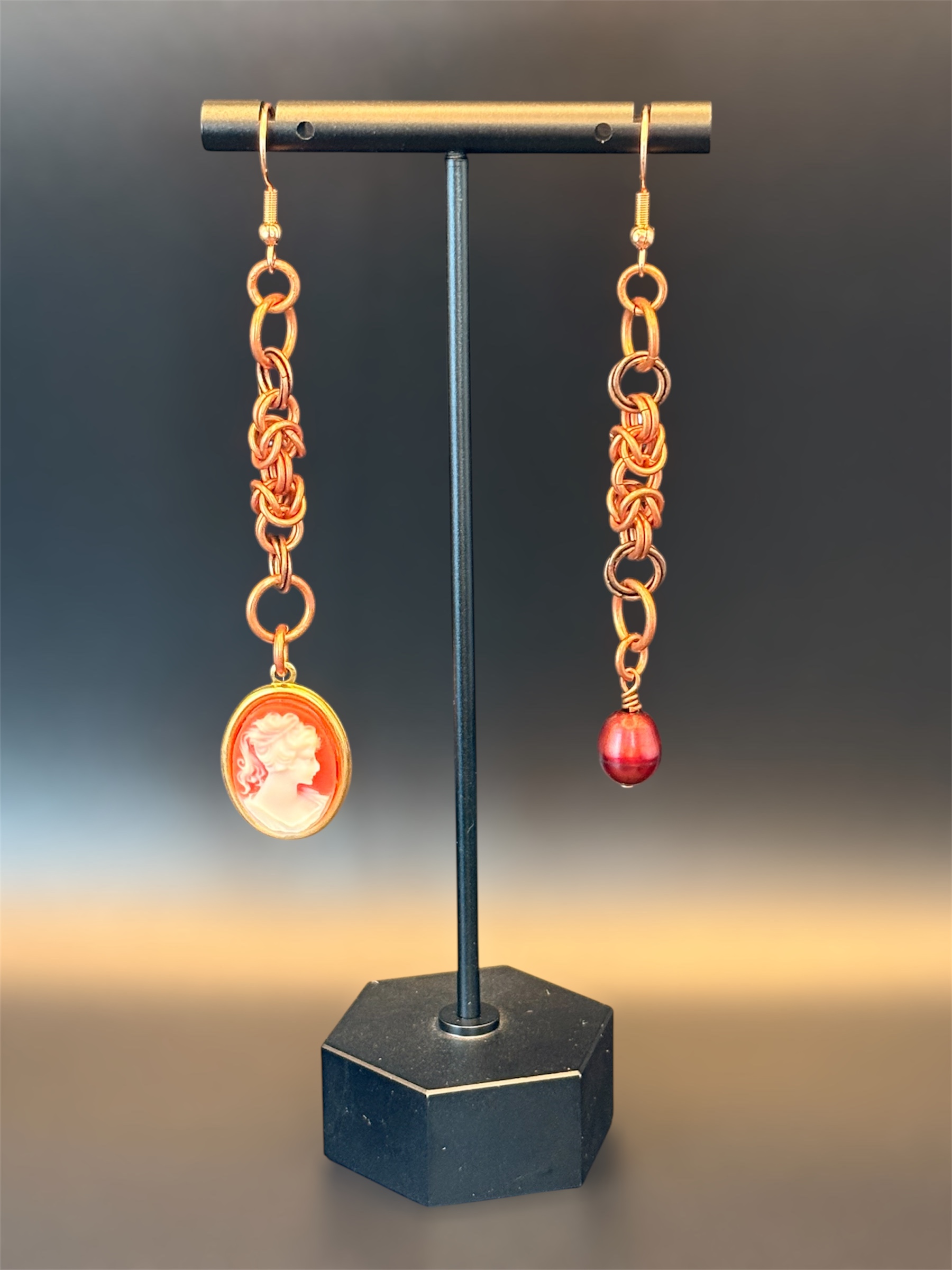 Asymmetrical Copper Chainmaille Cameo & Pearl Earrings
