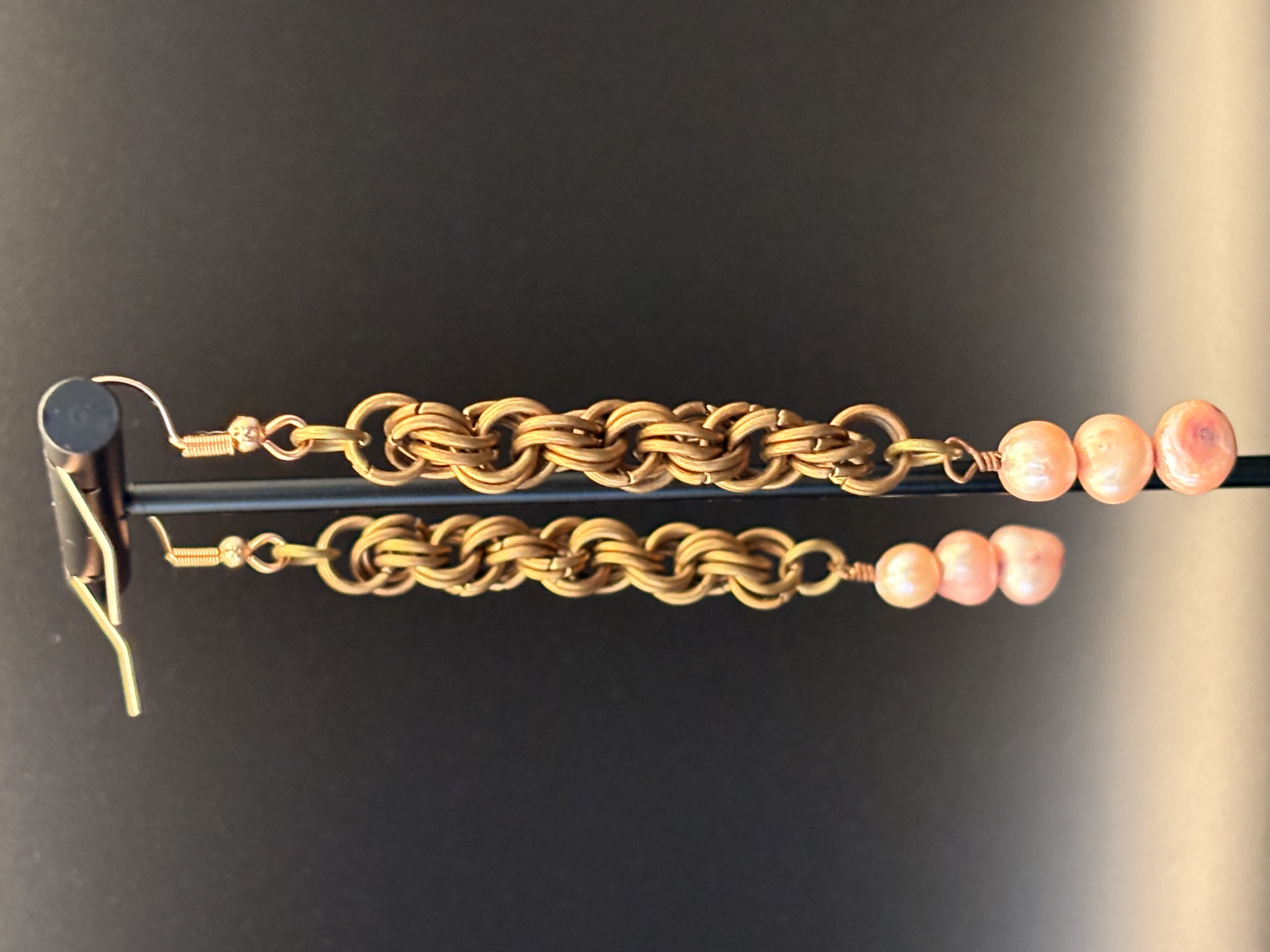 Brass Chainmaille and Pearl Drop Earrings