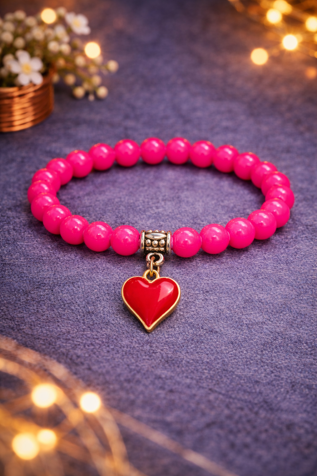 Pink Beaded Heart Charm Bracelet