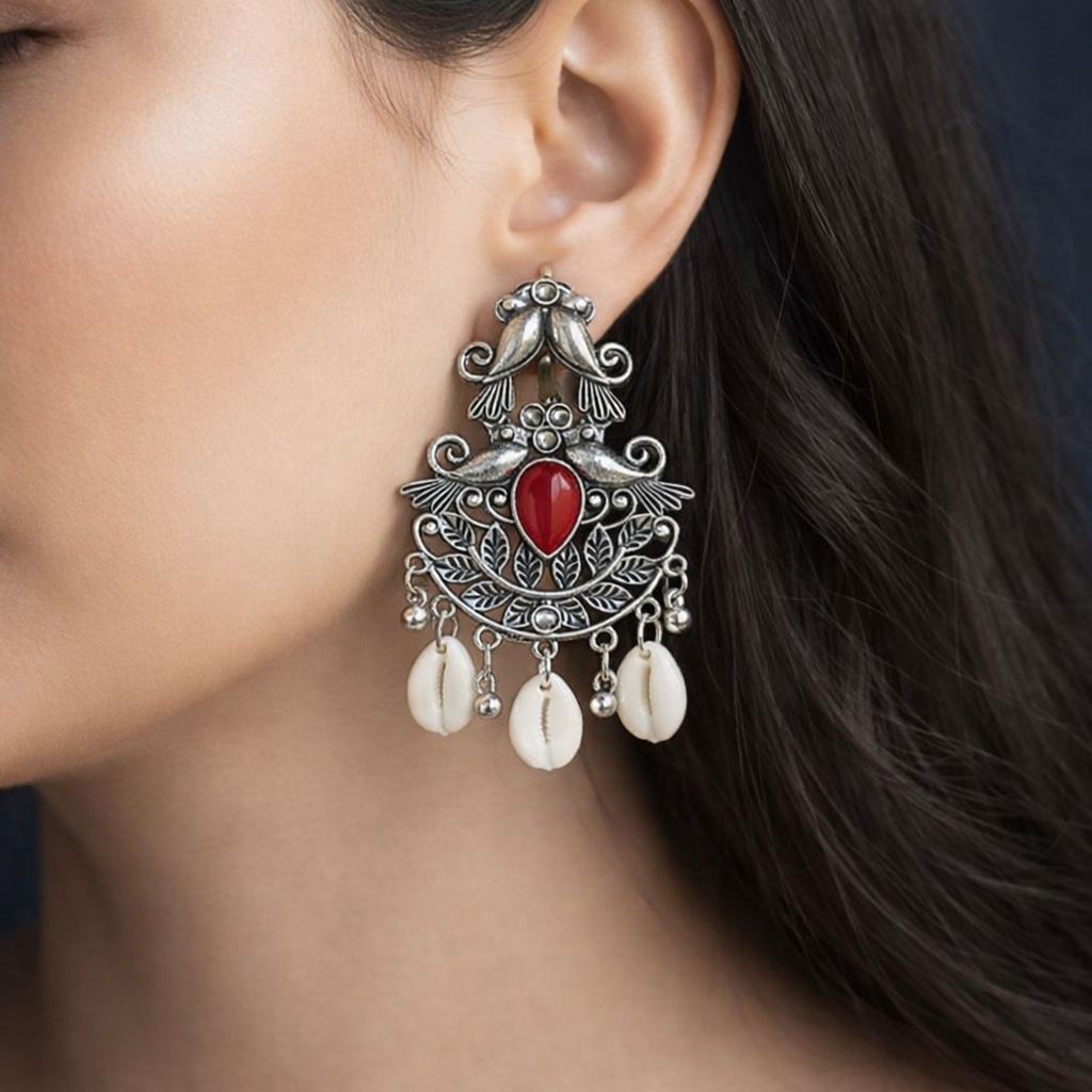 Silver Bird Earrings ( Red Stone)