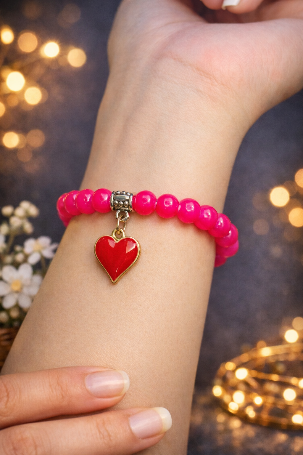Pink Beaded Heart Charm Bracelet