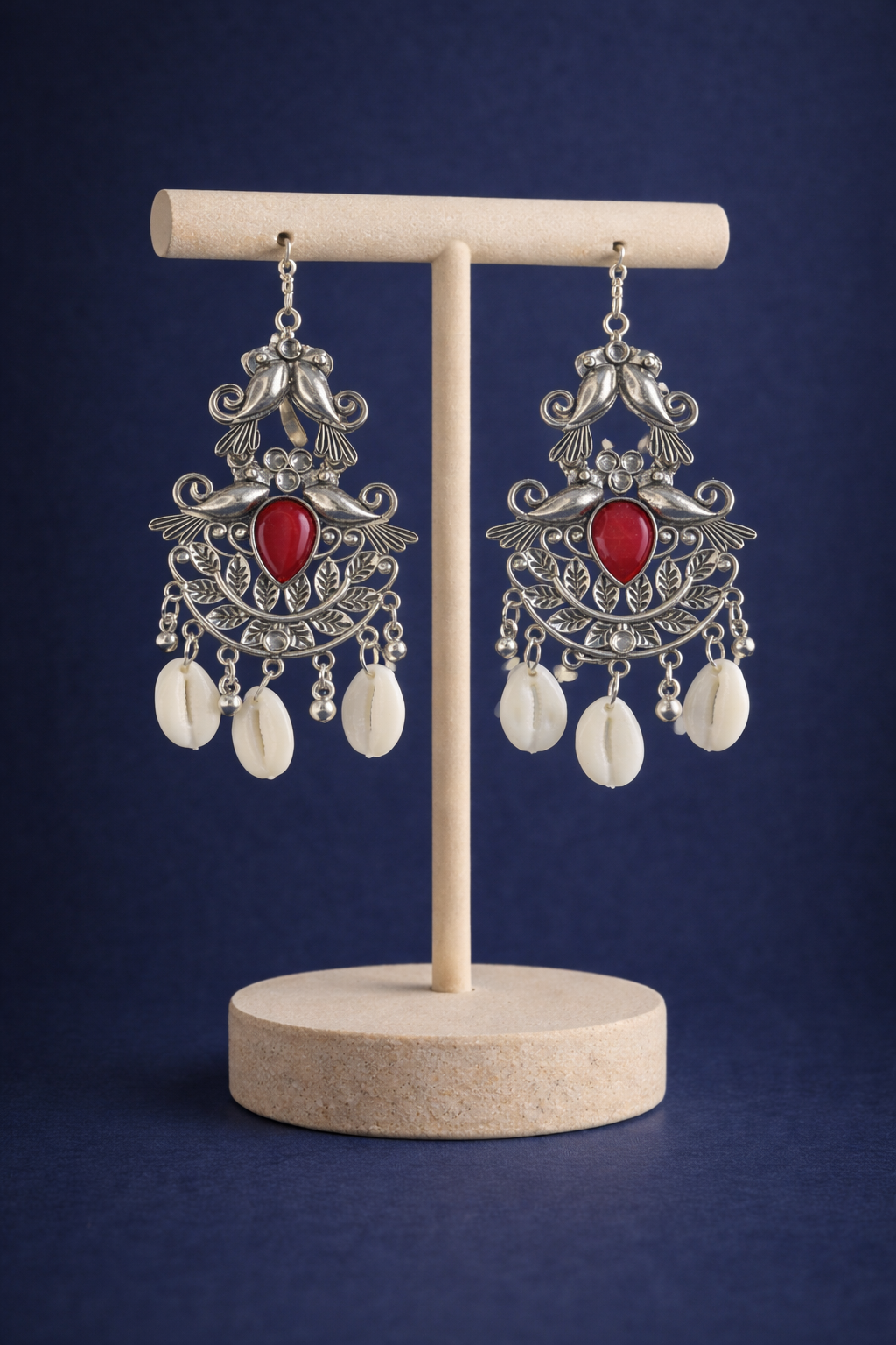 Silver Bird Earrings ( Red Stone)