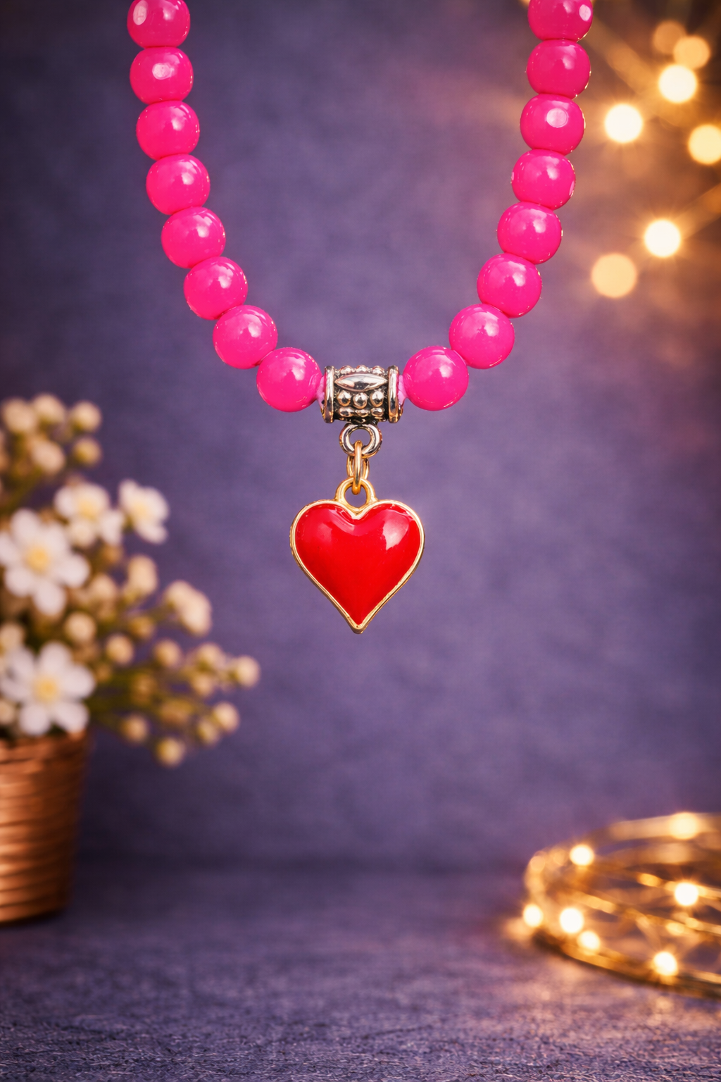 Pink Beaded Heart Charm Bracelet