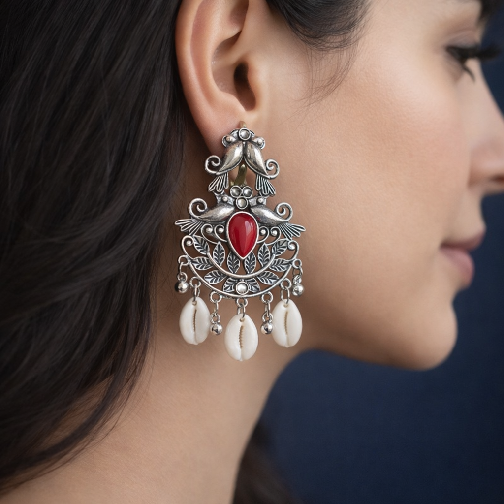 Silver Bird Earrings ( Red Stone)