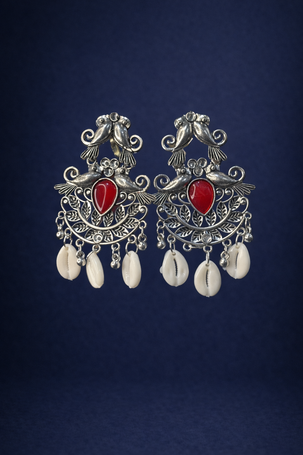Silver Bird Earrings ( Red Stone)