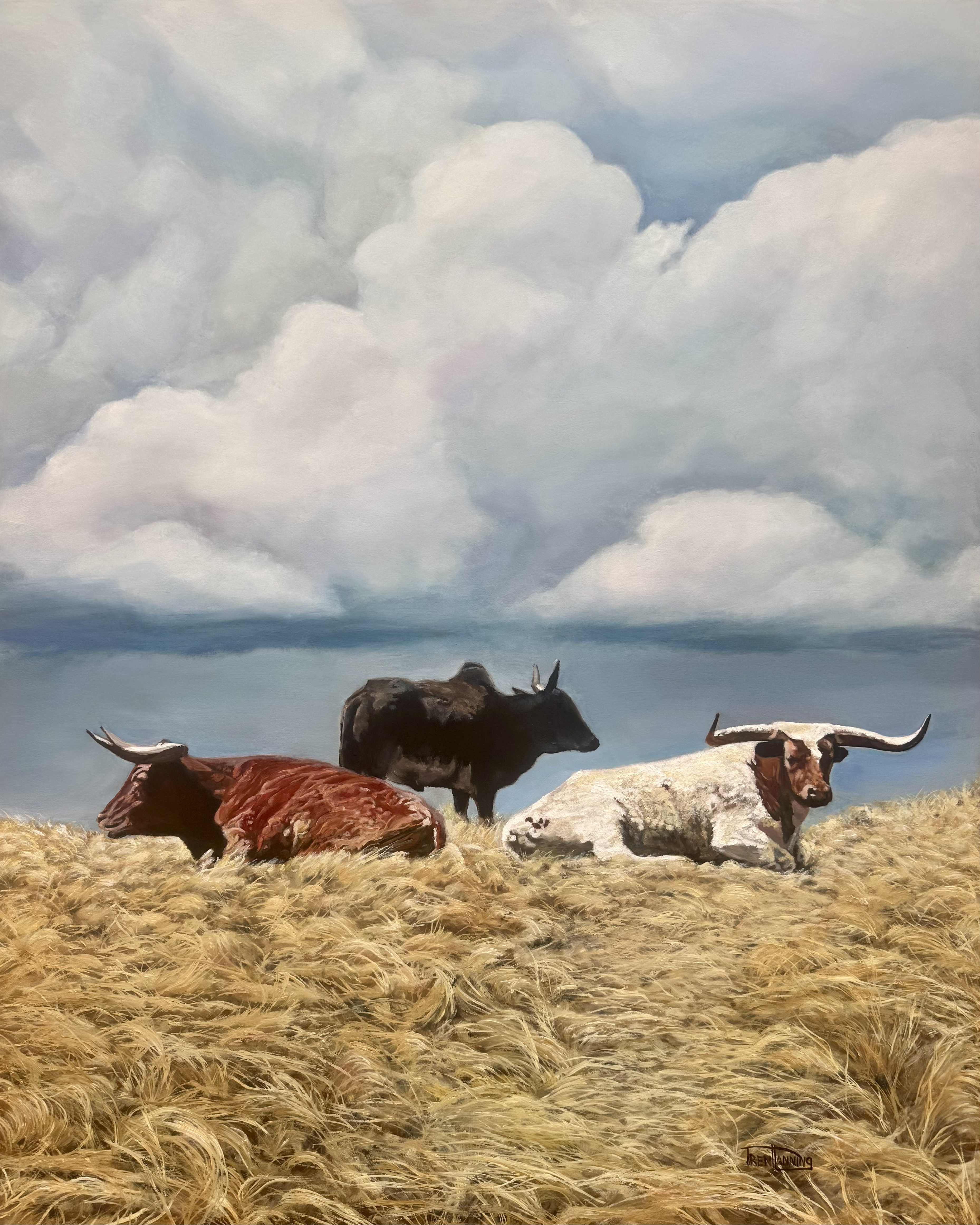 Larry, Curly, and Blue - Custom Framed, Oil on Wood Panel, 28"x35"x1.5"