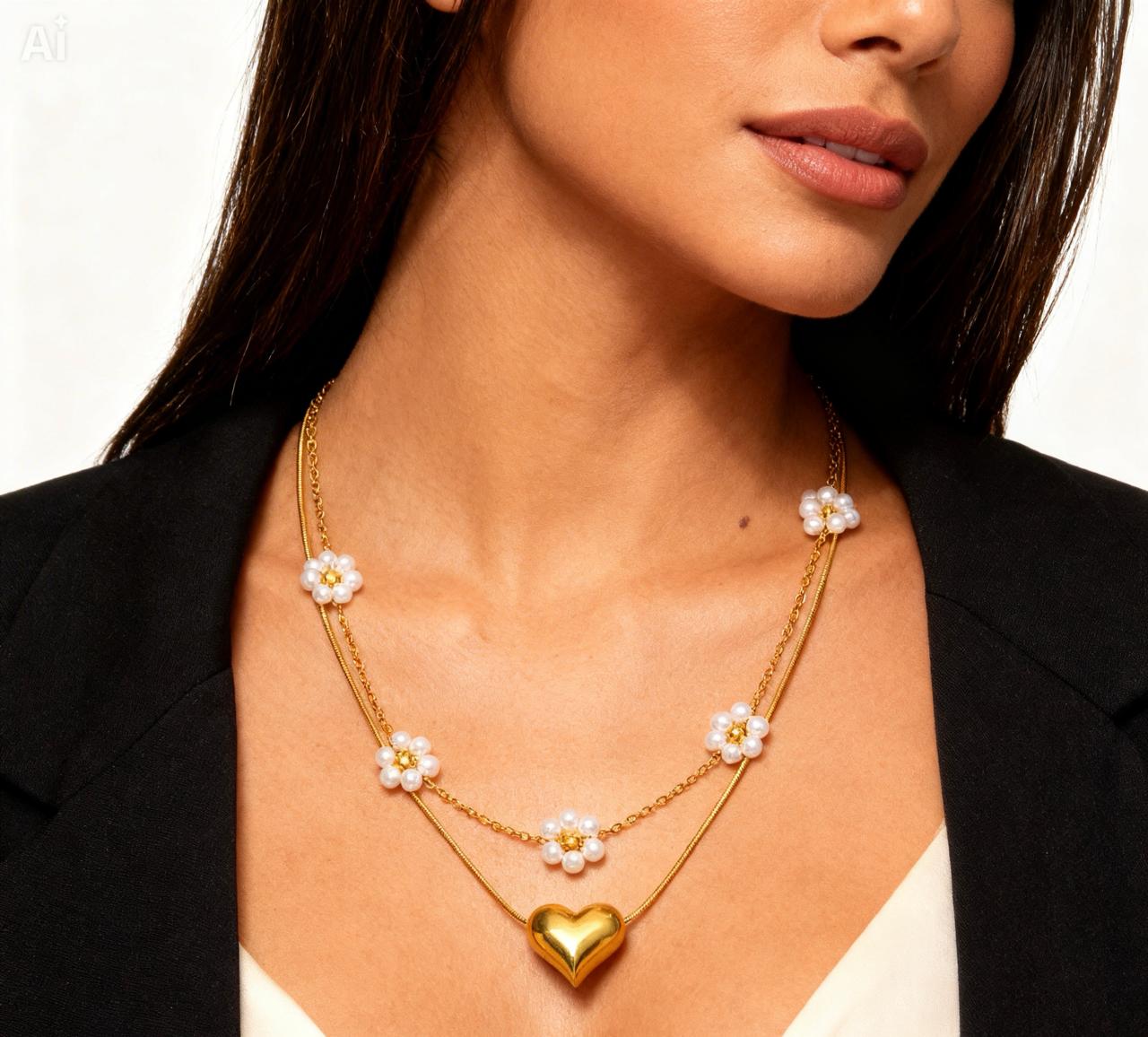 Collar Doble con Flores y Corazón Dorado