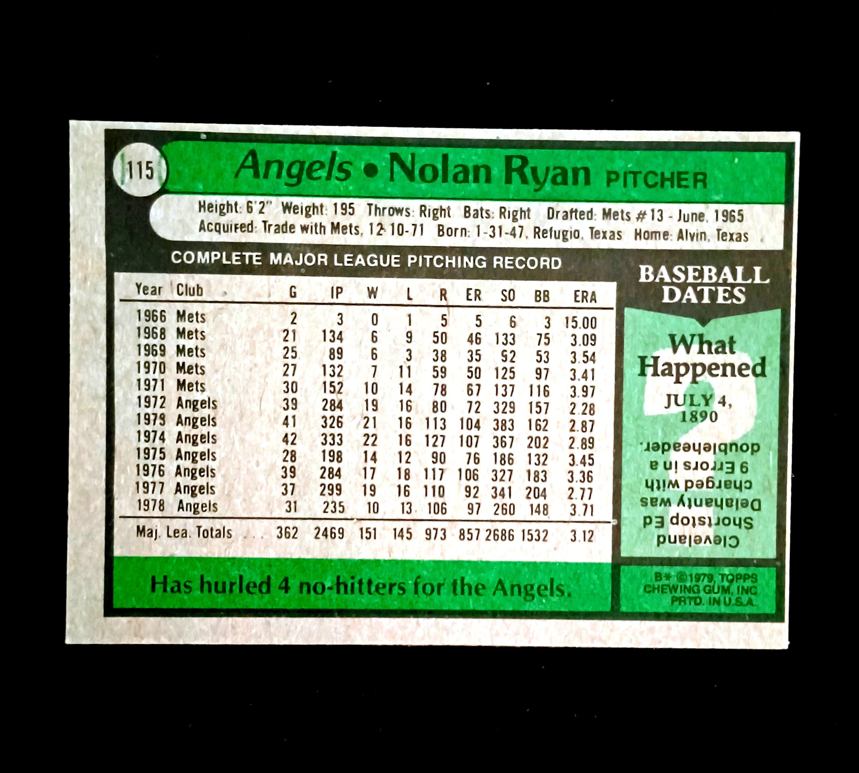1979 Topps Nolan Ryan #115 Excellent!