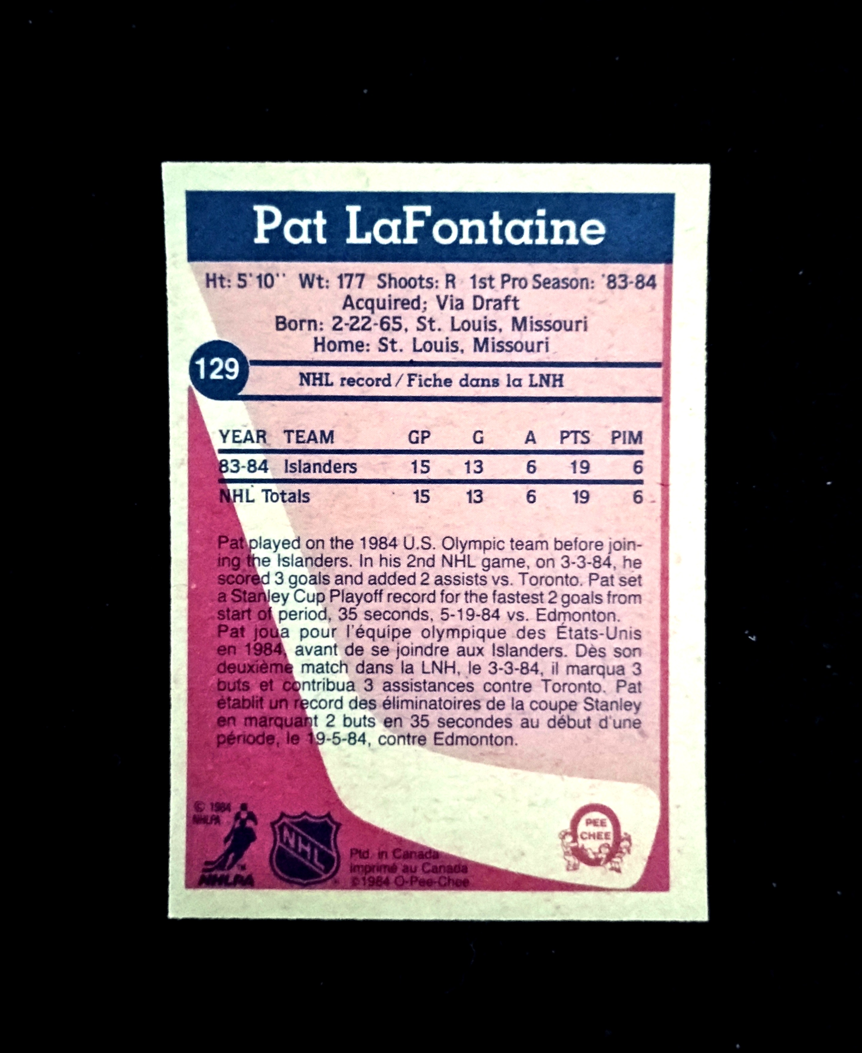 1984/85 OPC Pat LaFontaine (R) 129 Near Mint