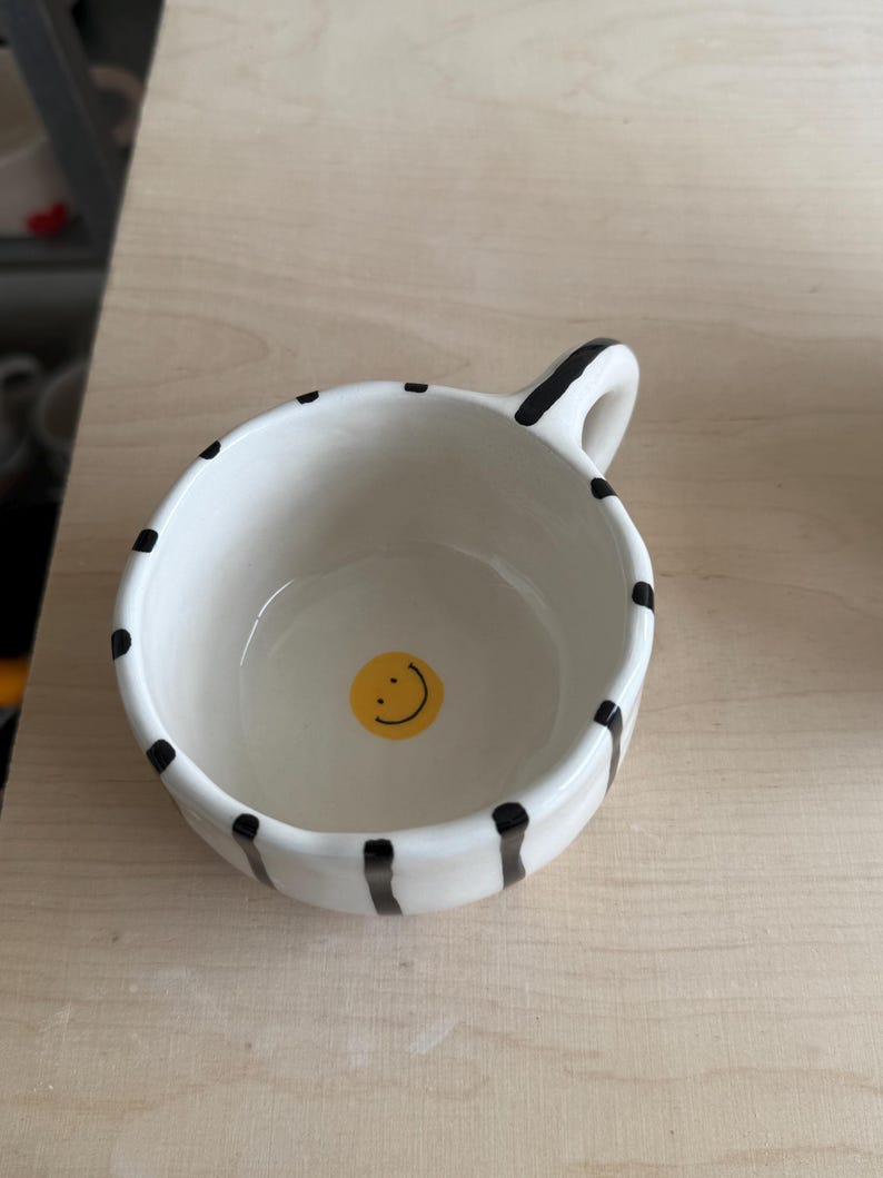 Hand-Painted Ceramic Coffee Mug: White with Black Stripes, Handmade Pottery