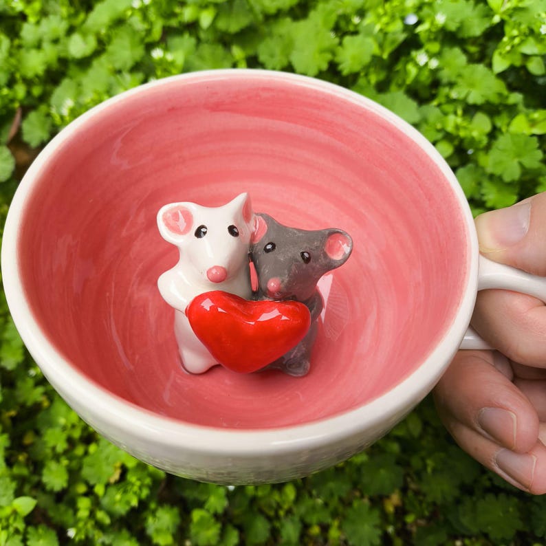Handmade Ceramic Couple Mug with Cute Mice Couple Unique Gift for Lovers Gift for Gift for H'm gift for wife