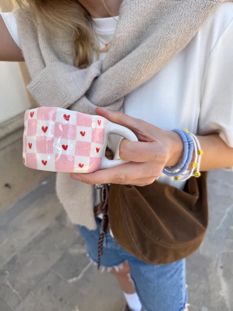Handmade Pink Chequered Ceramic Mug with Hearts