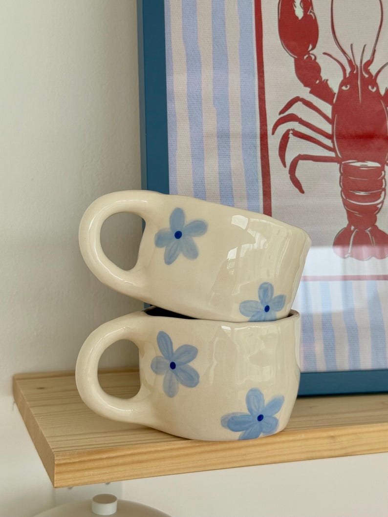 Handmade Ceramic Mug: Baby Blue Pastel Flower Design