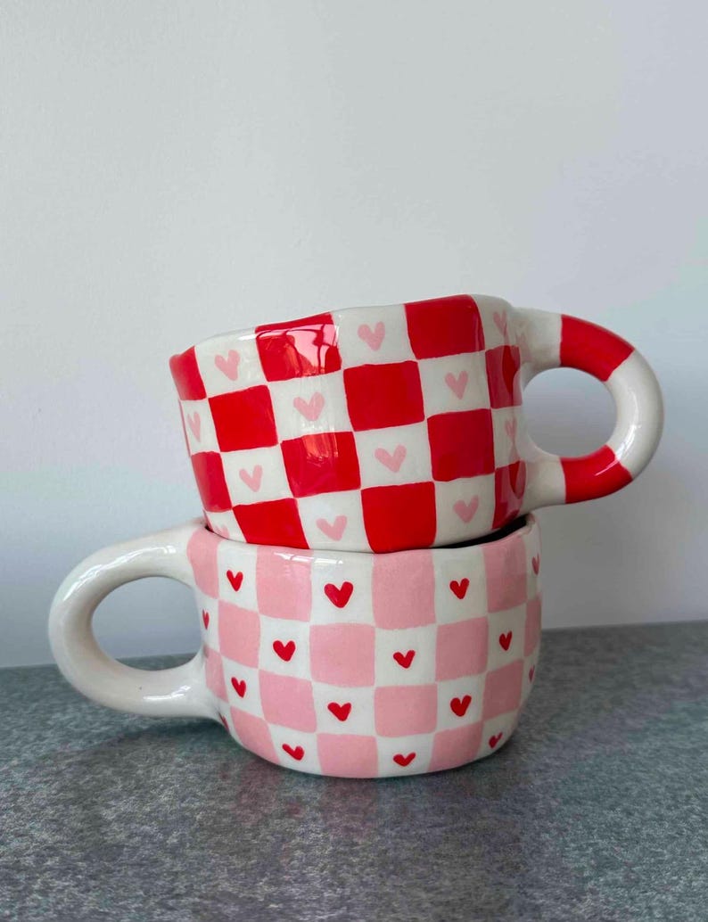 Handmade Red Chequered Ceramic Mug - Cute Coffee Cup